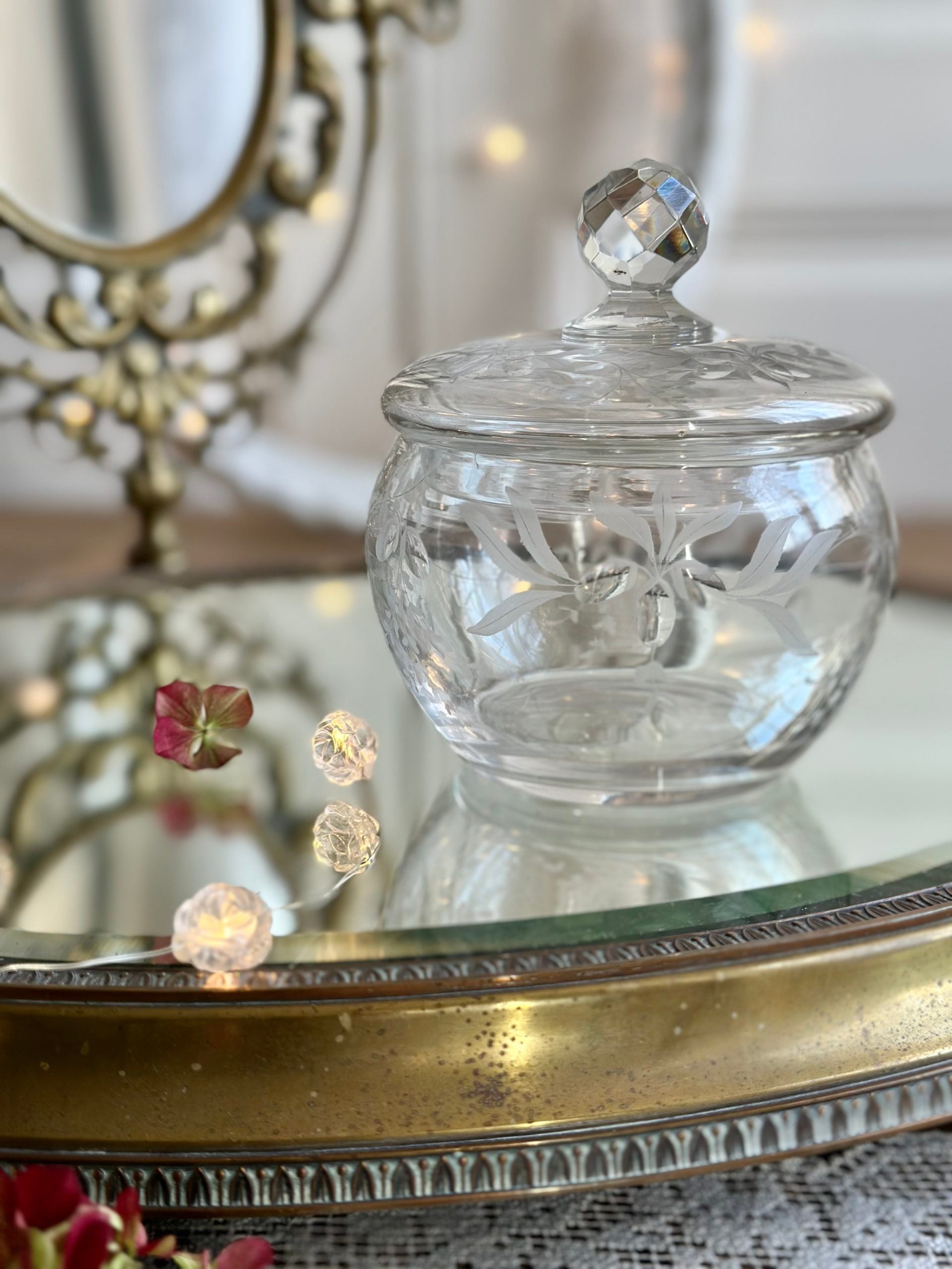 Delicate antique candy dish, engraved crystal sweets dish