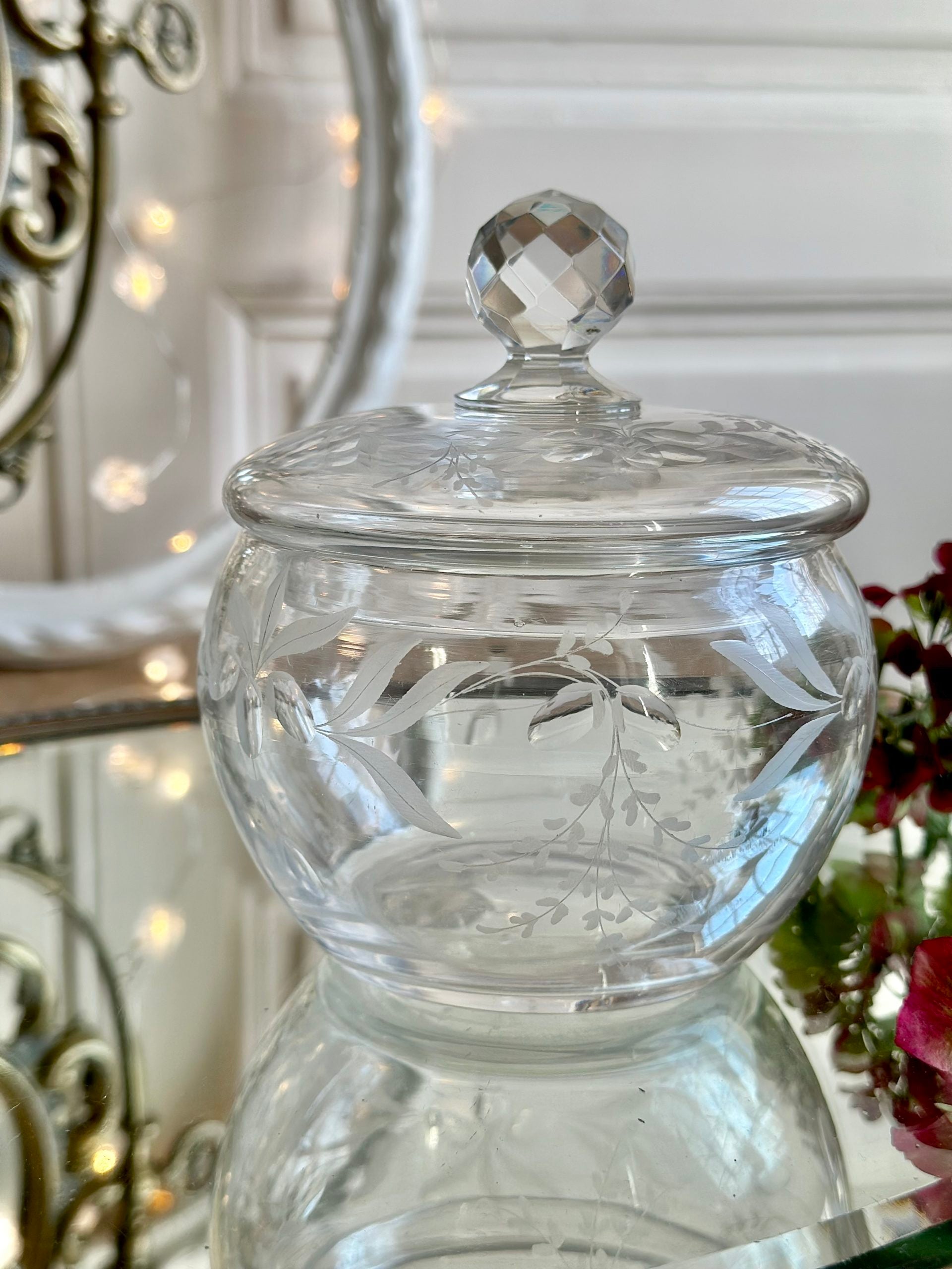 Delicate antique candy dish, engraved crystal sweets dish