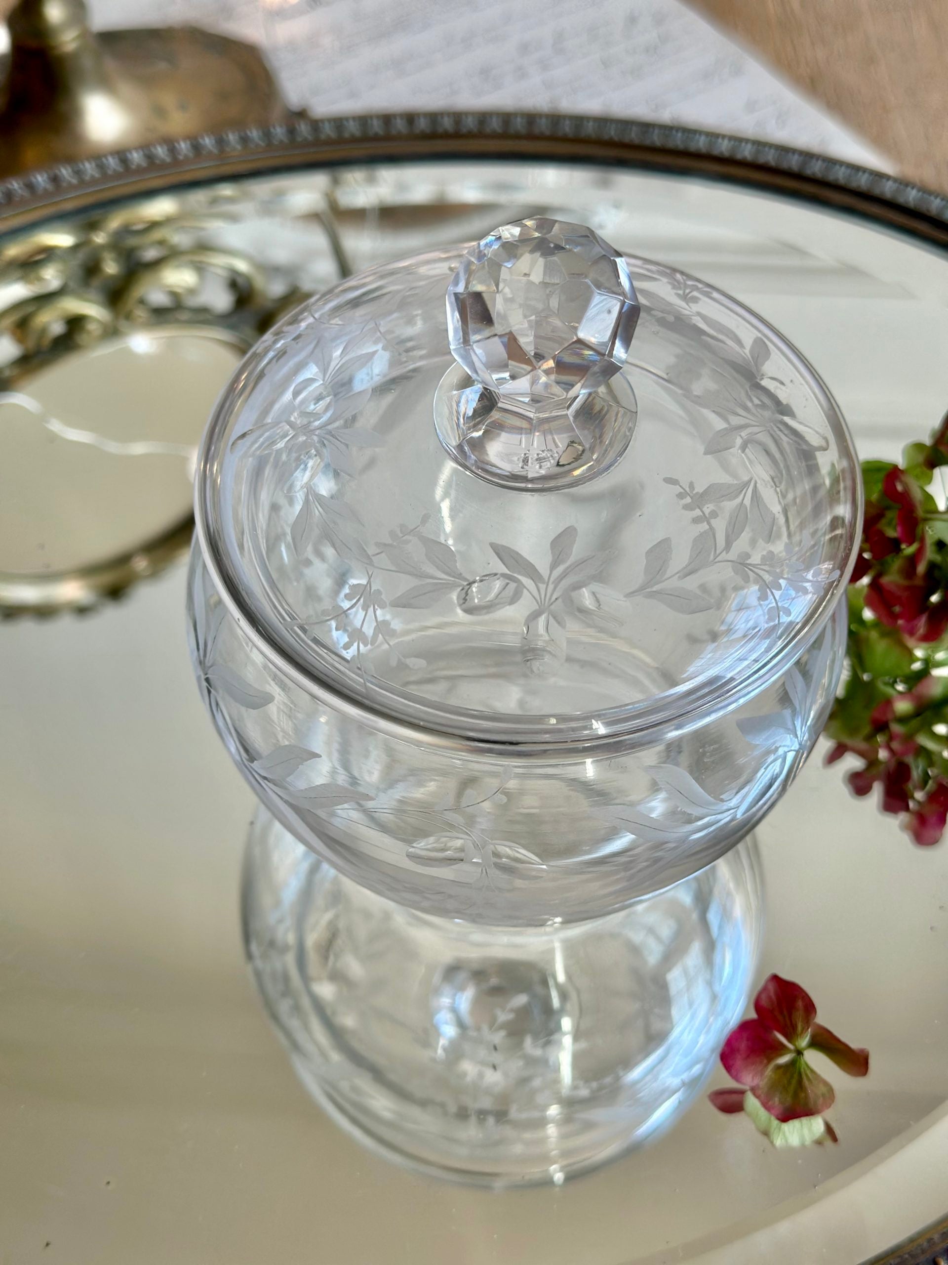 Delicate antique candy dish, engraved crystal sweets dish