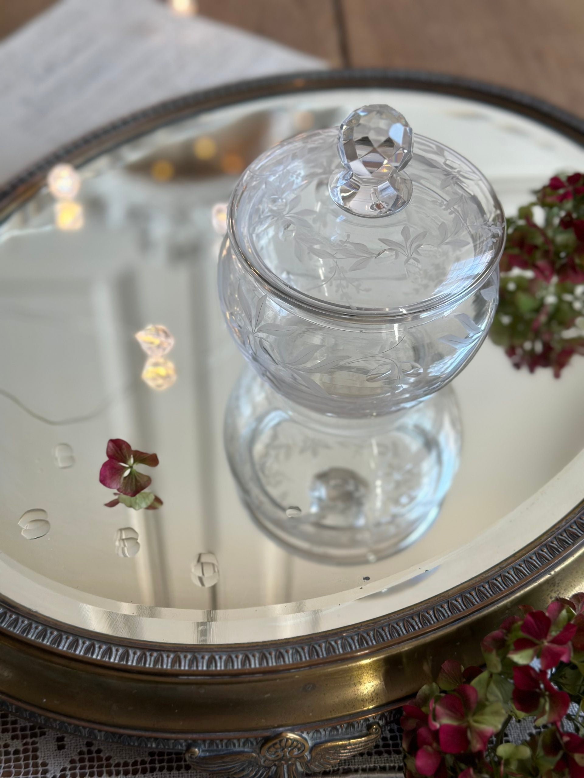 Delicate antique candy dish, engraved crystal sweets dish