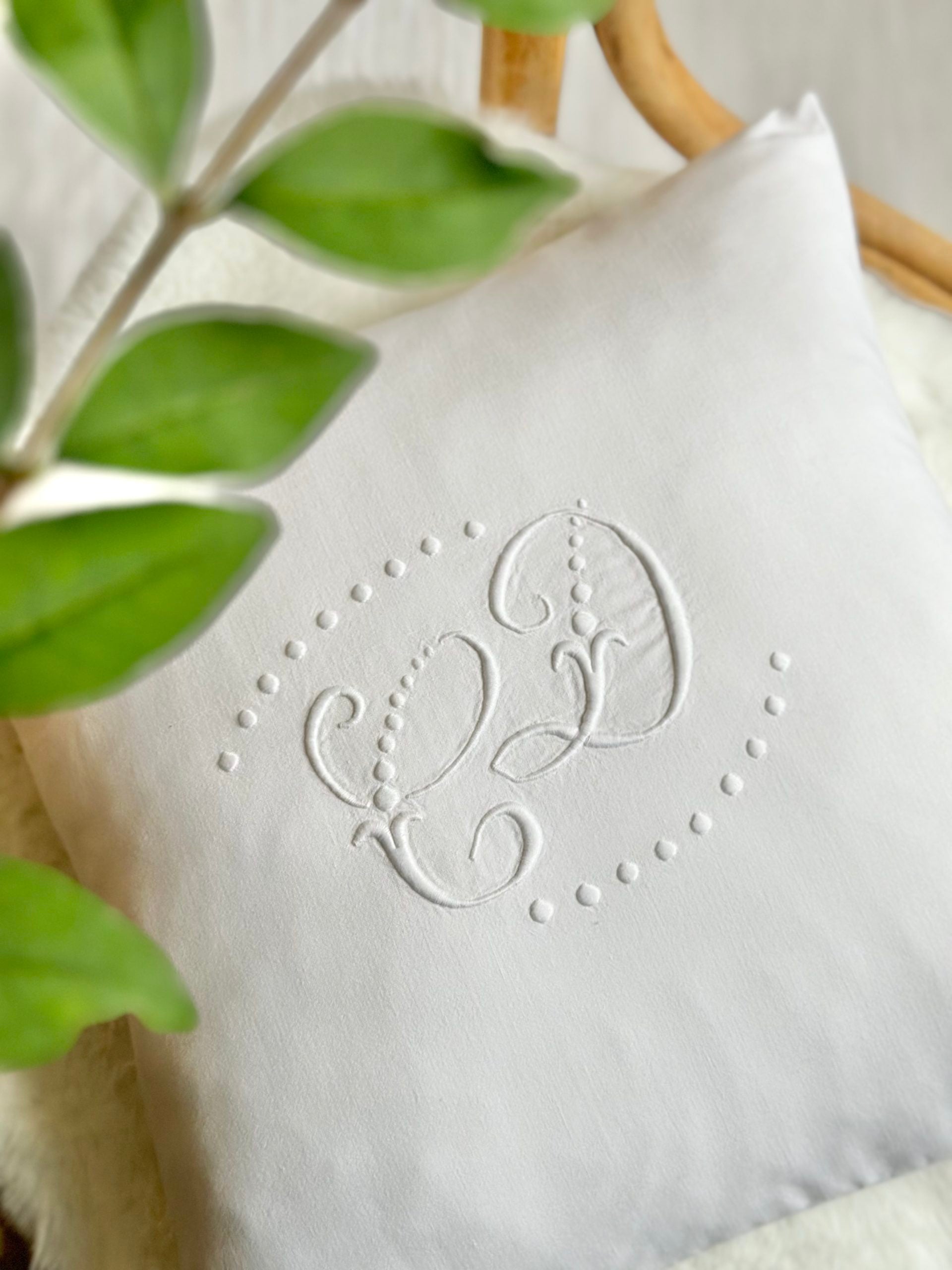 Vintage cotton cushion cover, hand-embroidered CD monogram