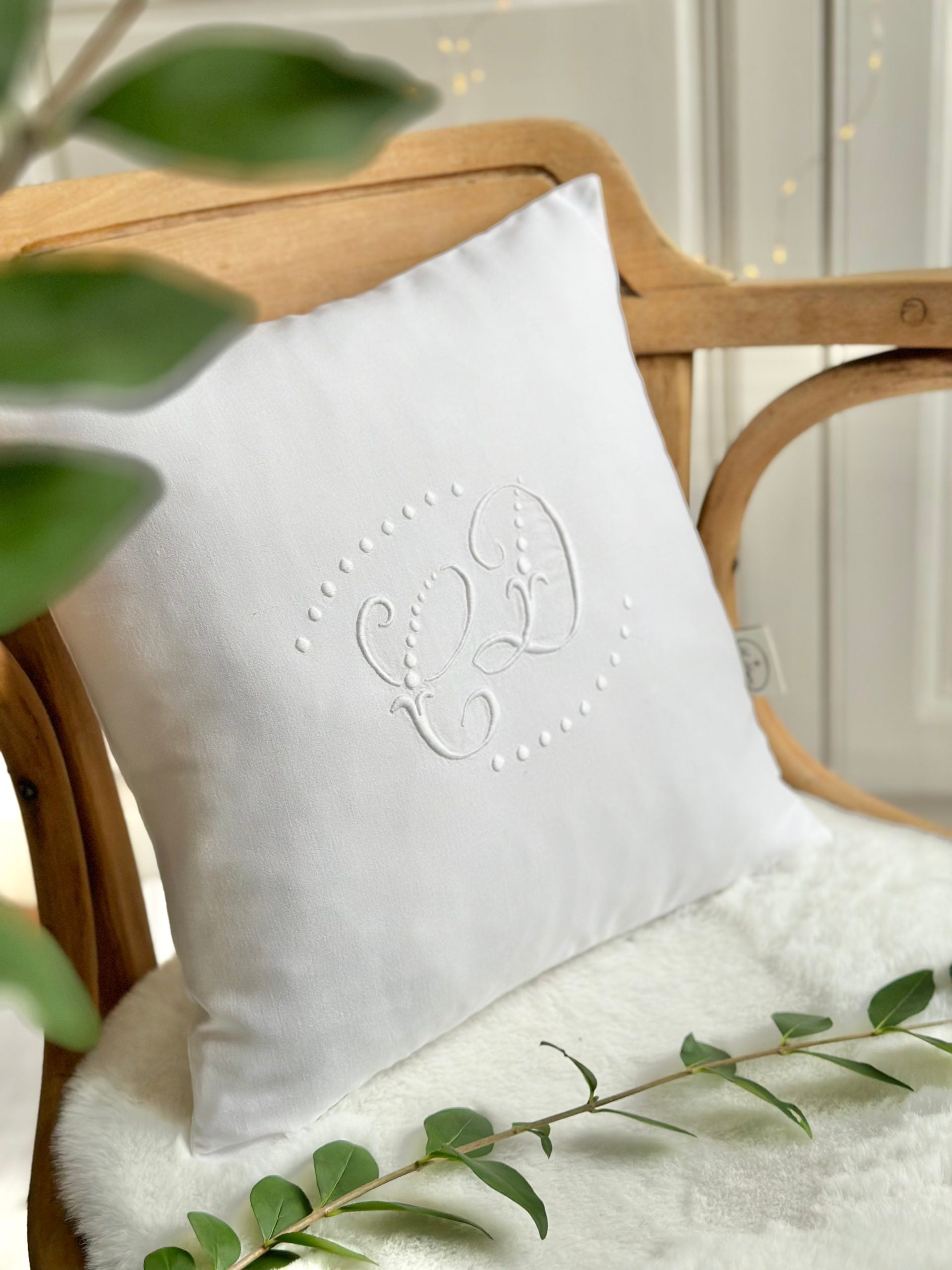 Vintage cotton cushion cover, hand-embroidered CD monogram