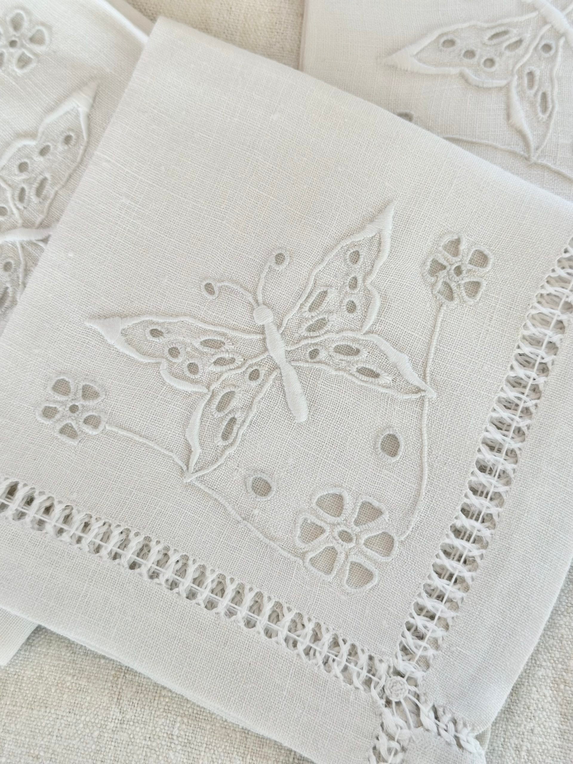 Set of 4 exquisite antique linen tea towels, hand-embroidered