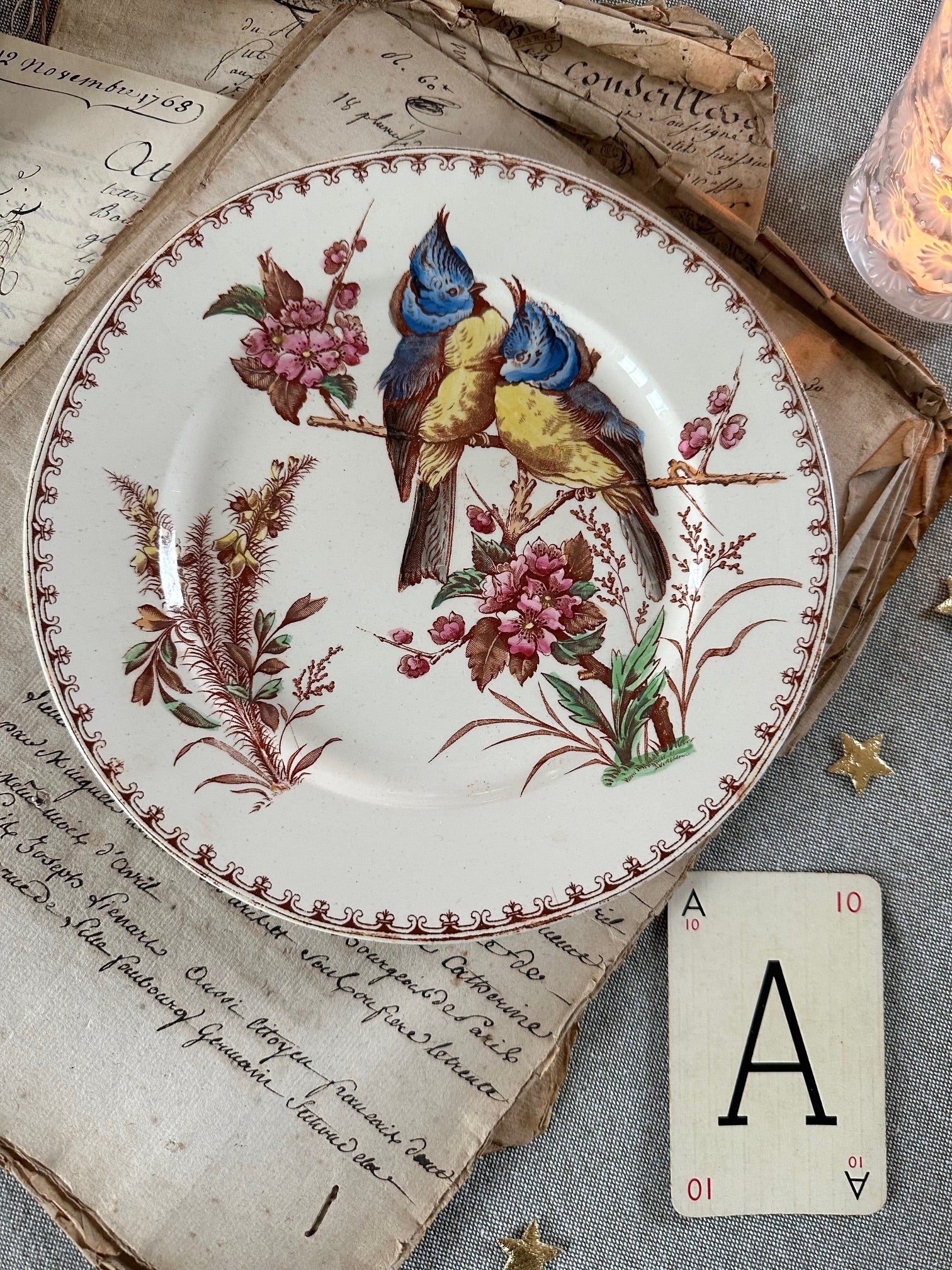 Assiette à dessert polychrome Lunéville modèle Mésange