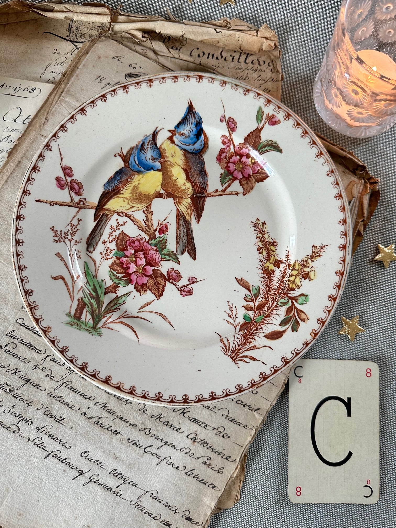 Assiette à dessert polychrome Lunéville modèle Mésange