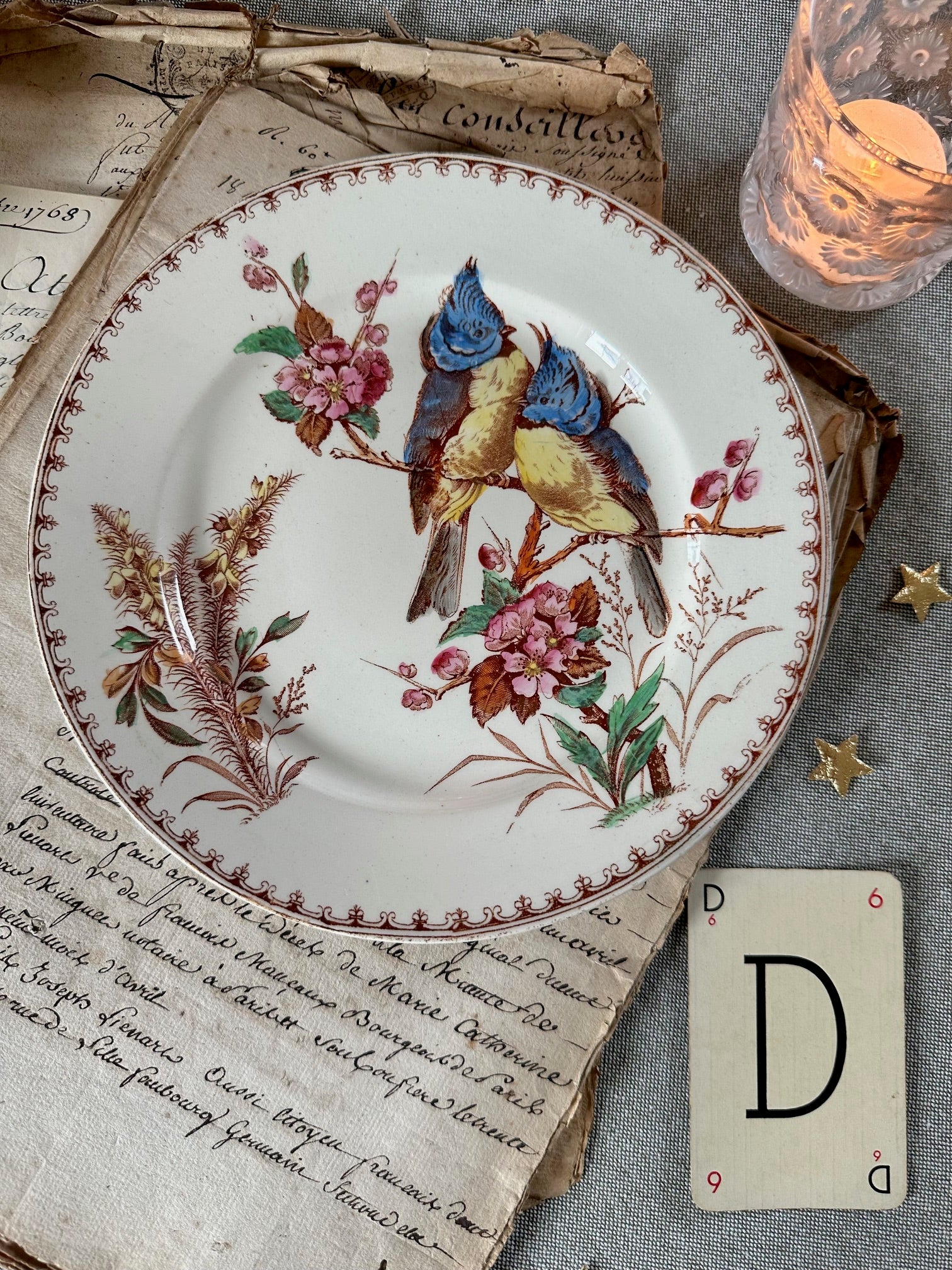 Assiette à dessert polychrome Lunéville modèle Mésange