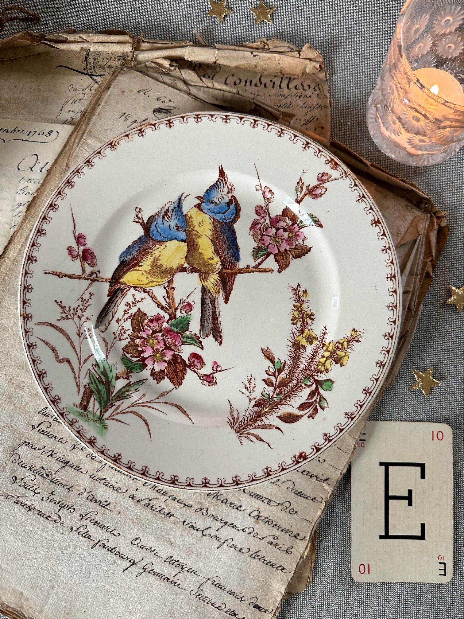 Assiette à dessert polychrome Lunéville modèle Mésange