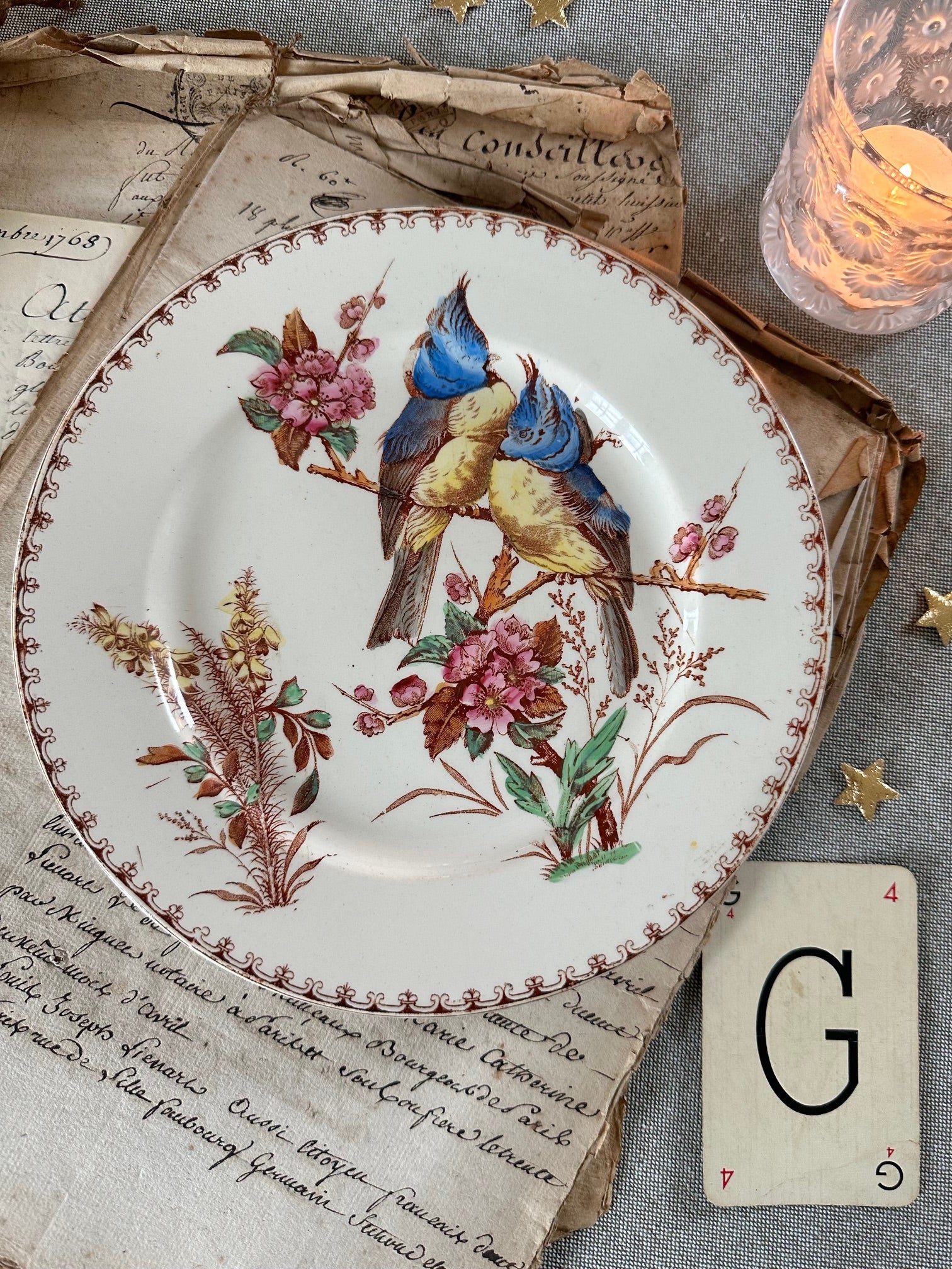 Assiette à dessert polychrome Lunéville modèle Mésange