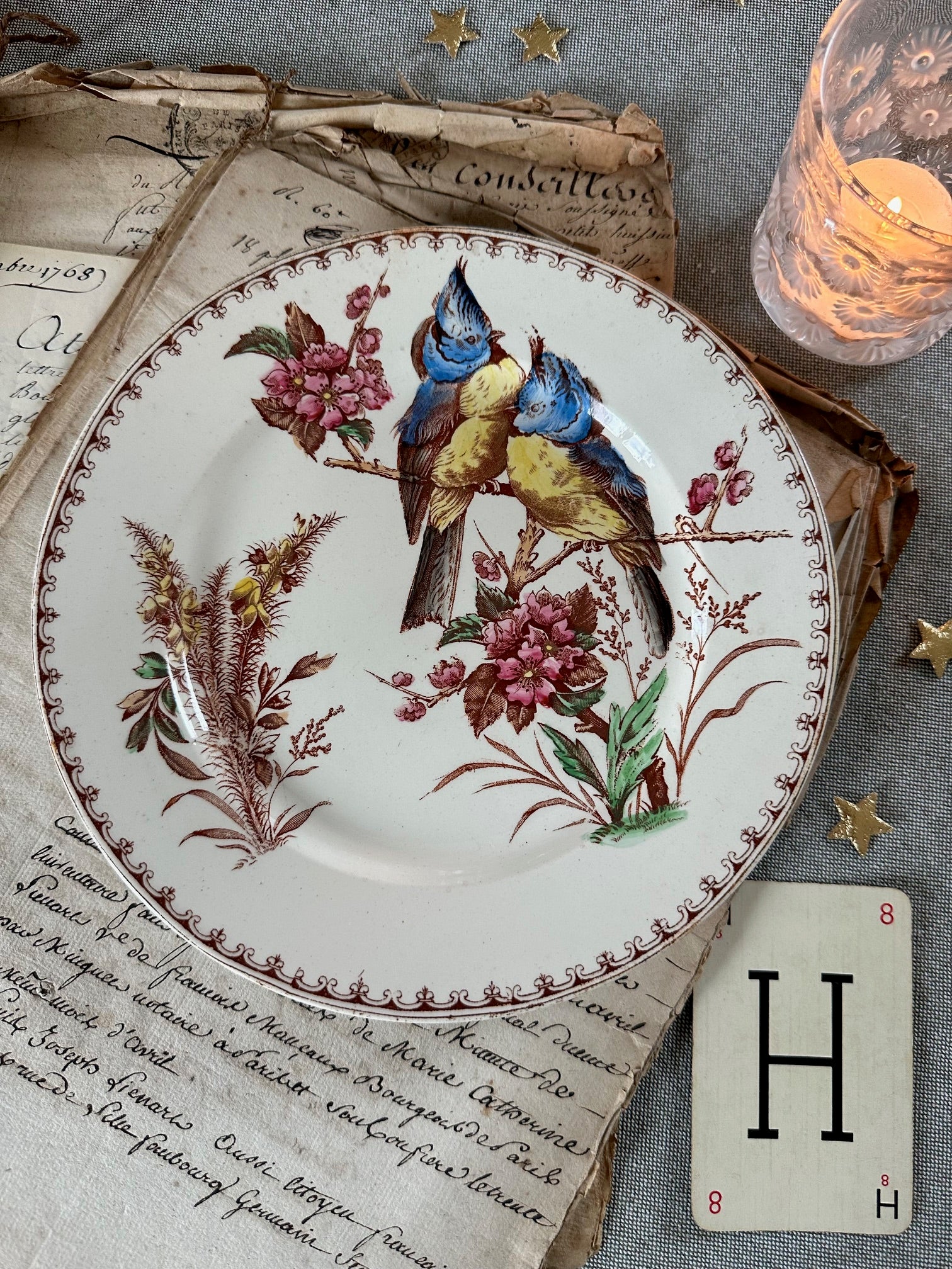 Assiette à dessert polychrome Lunéville modèle Mésange