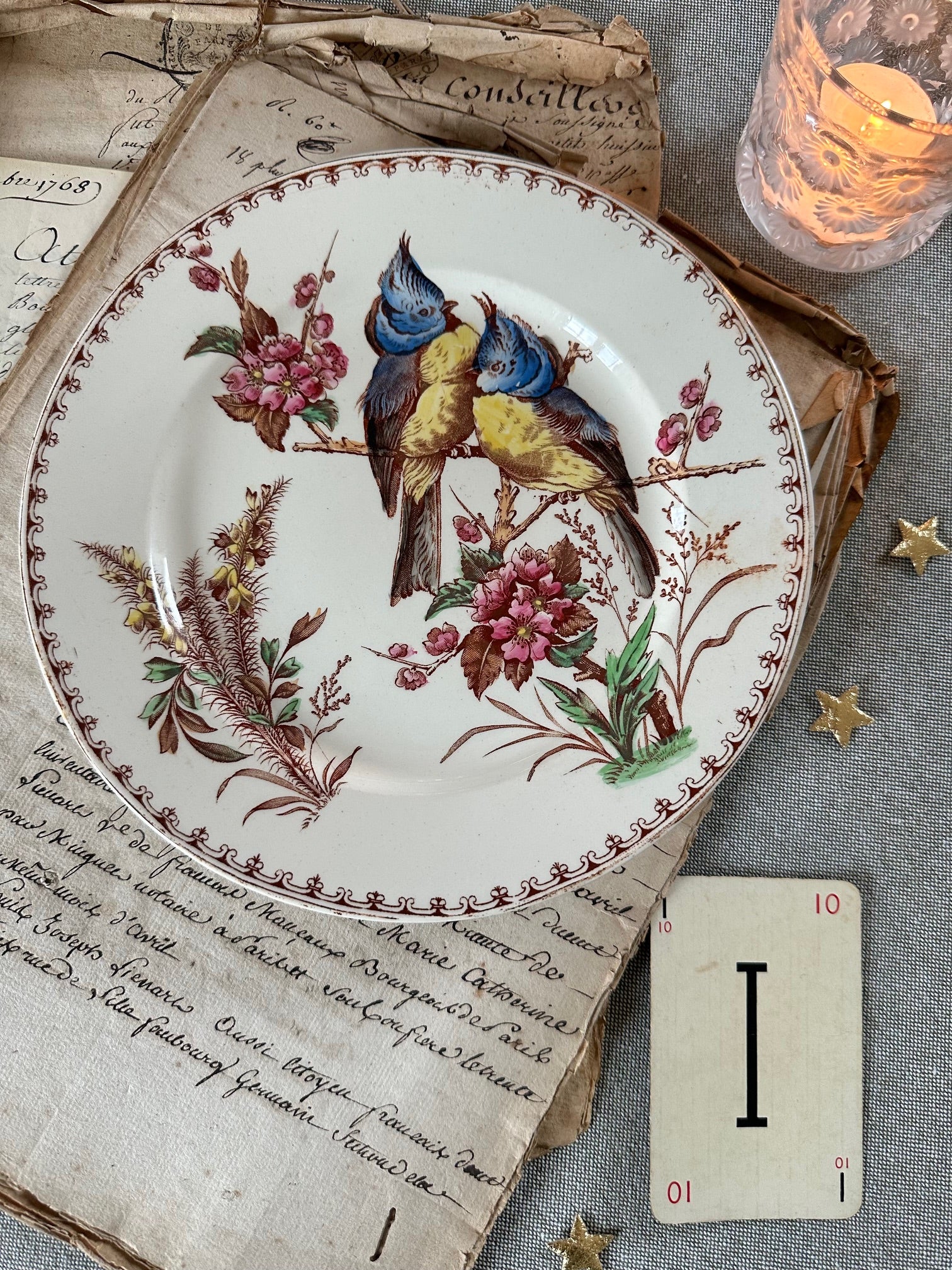 Assiette à dessert polychrome Lunéville modèle Mésange