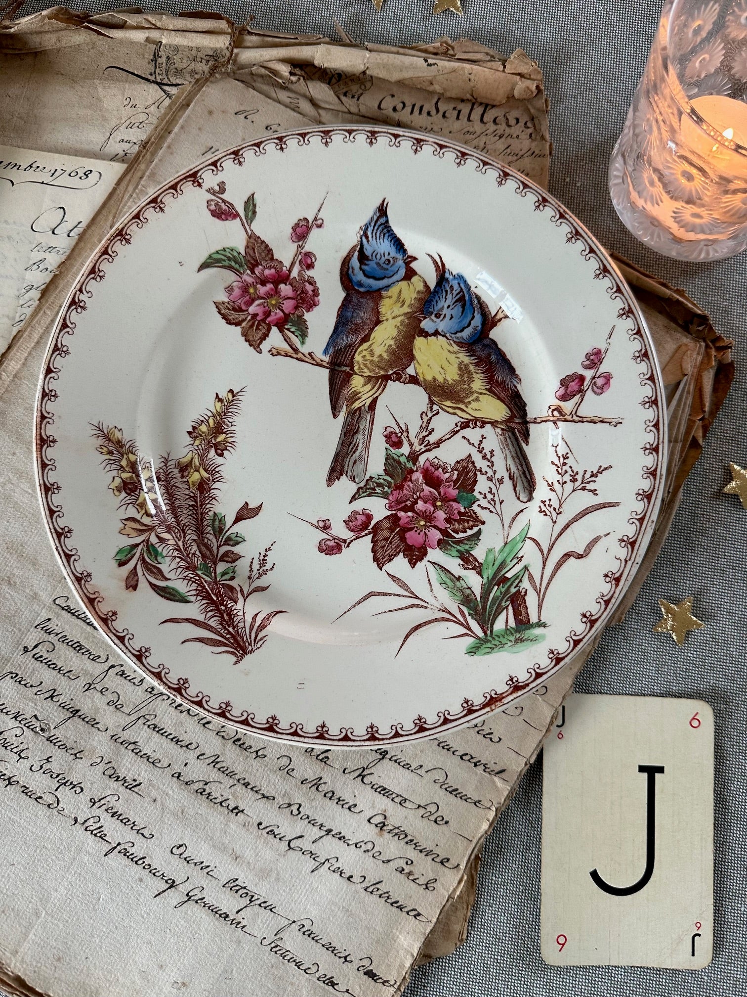 Assiette à dessert polychrome Lunéville modèle Mésange