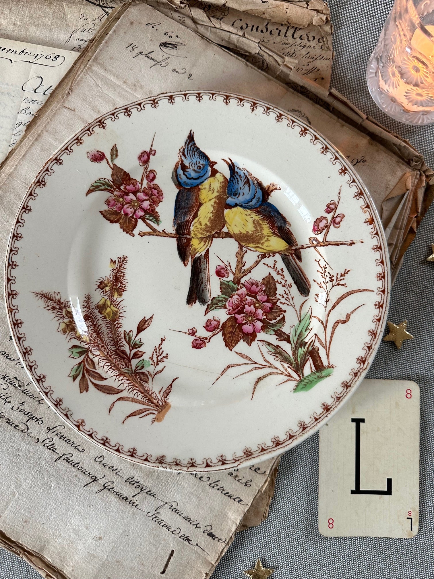 Assiette à dessert polychrome Lunéville modèle Mésange