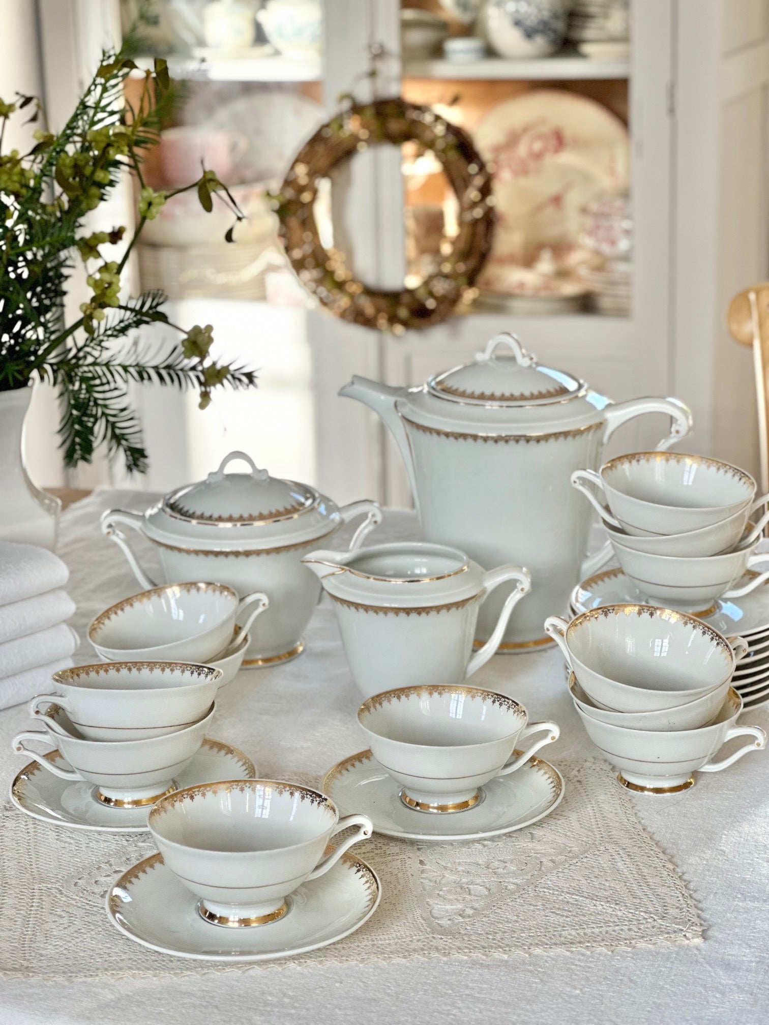 Tea service for 12 people in UC Limoges porcelain, white with a delicate gold rim