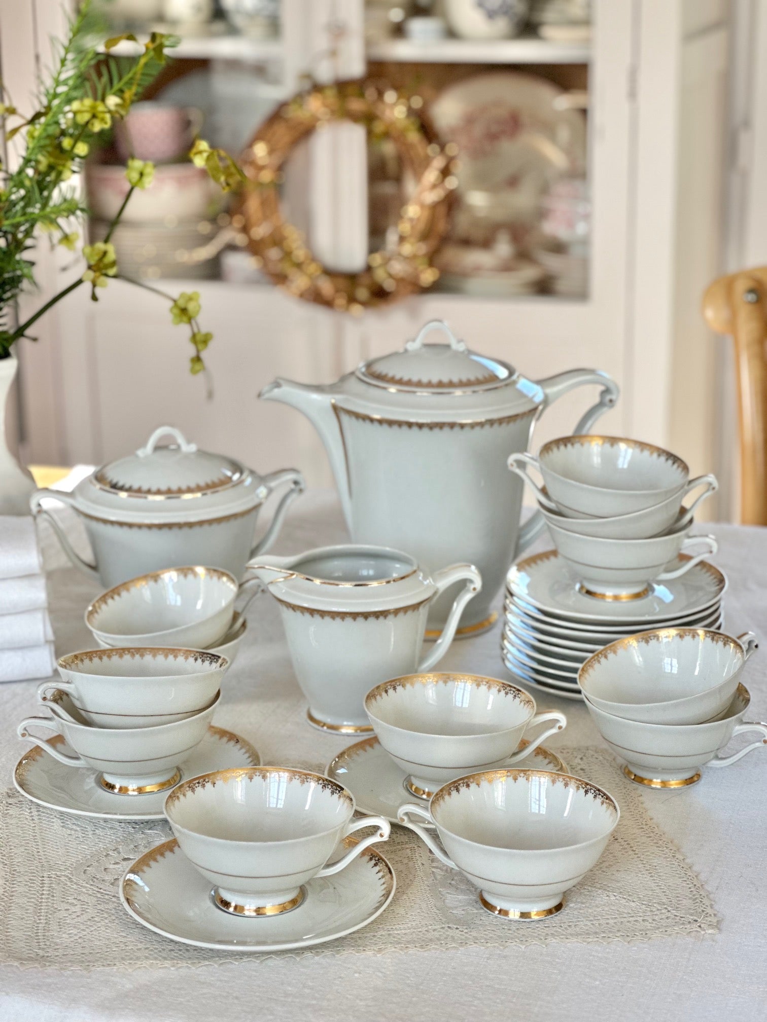 Tea service for 12 people in UC Limoges porcelain, white with a delicate gold rim
