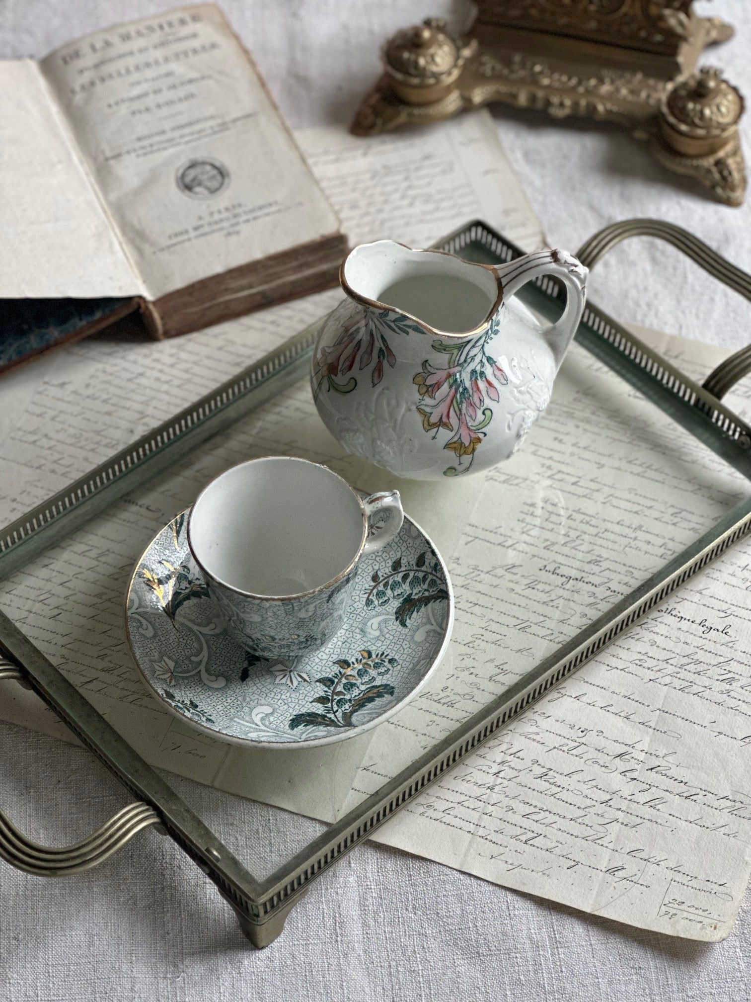Small antique tray in brass and glass