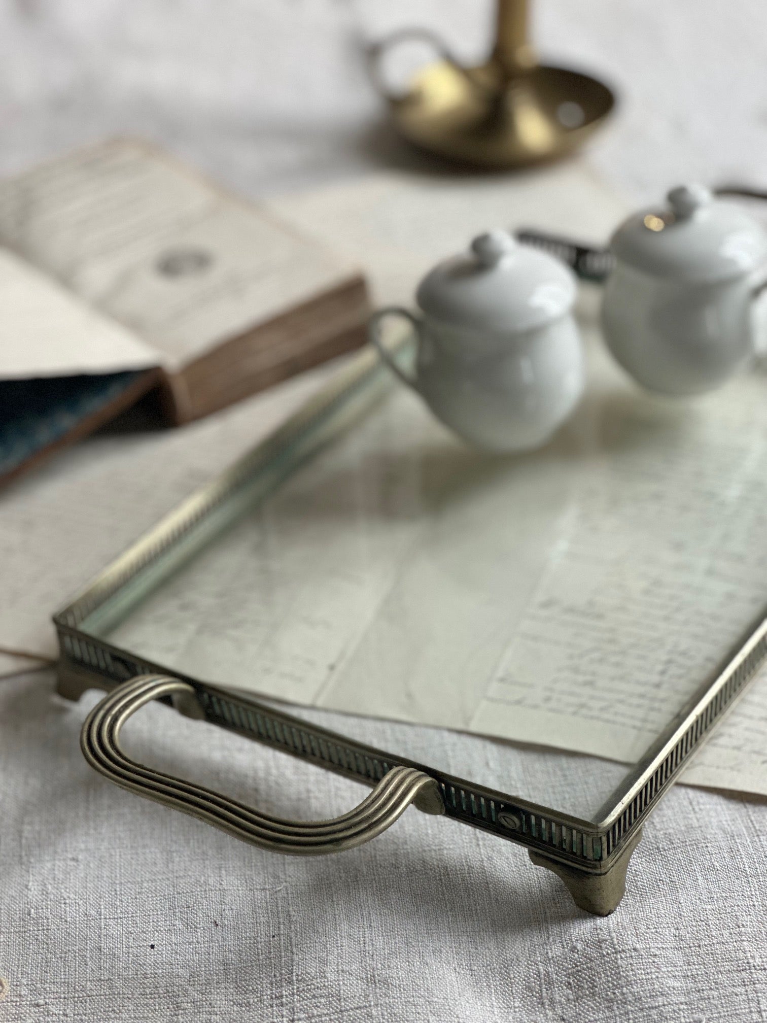 Small antique tray in brass and glass