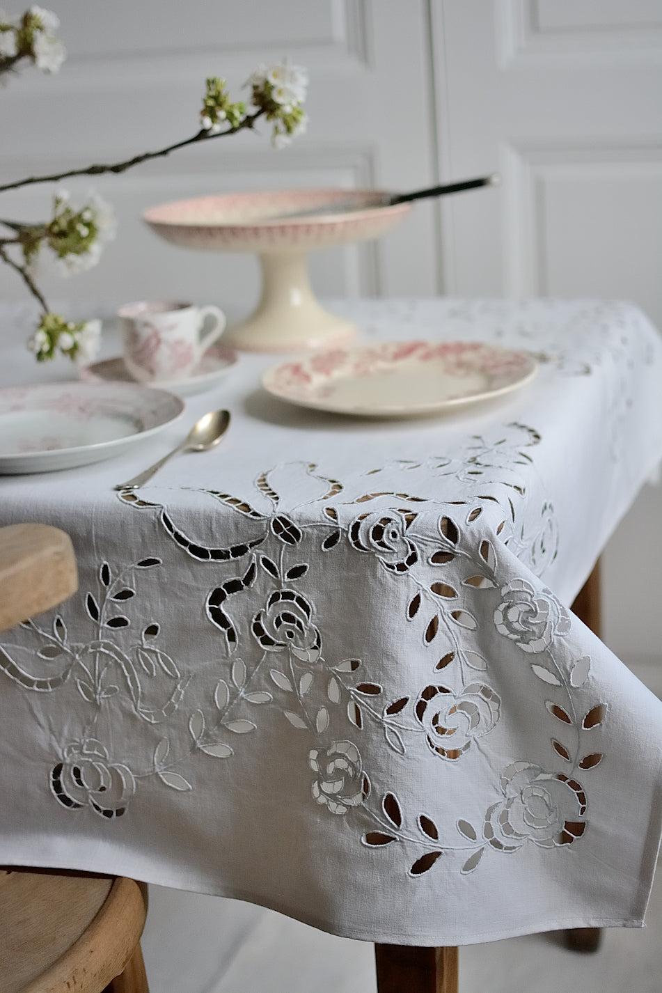 Hand-embroidered square tablecloth