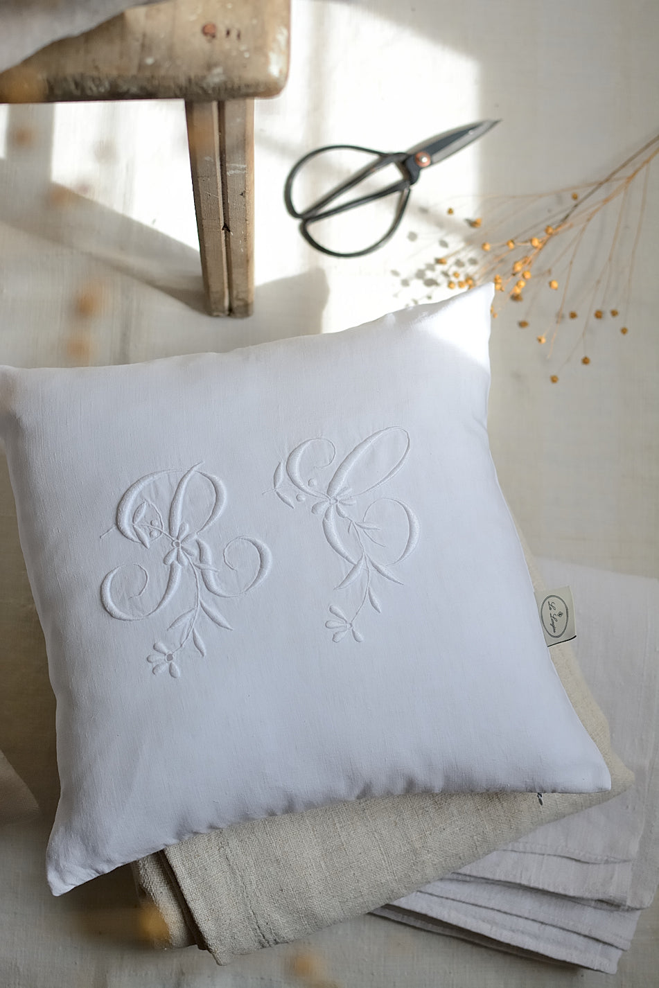 Antique linen cushion cover, RC embroidery