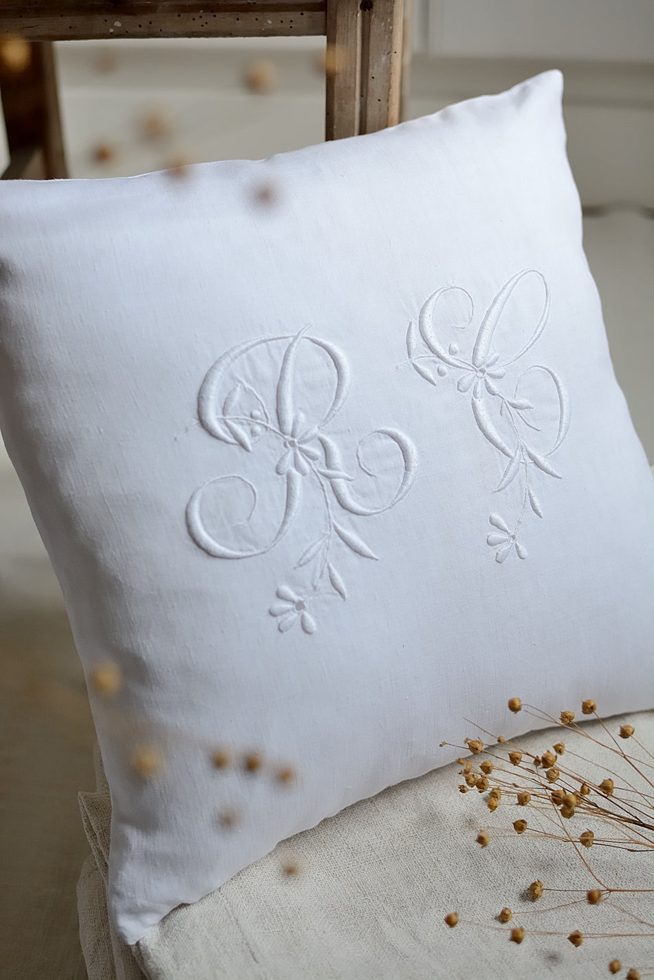 Antique linen cushion cover, RC embroidery