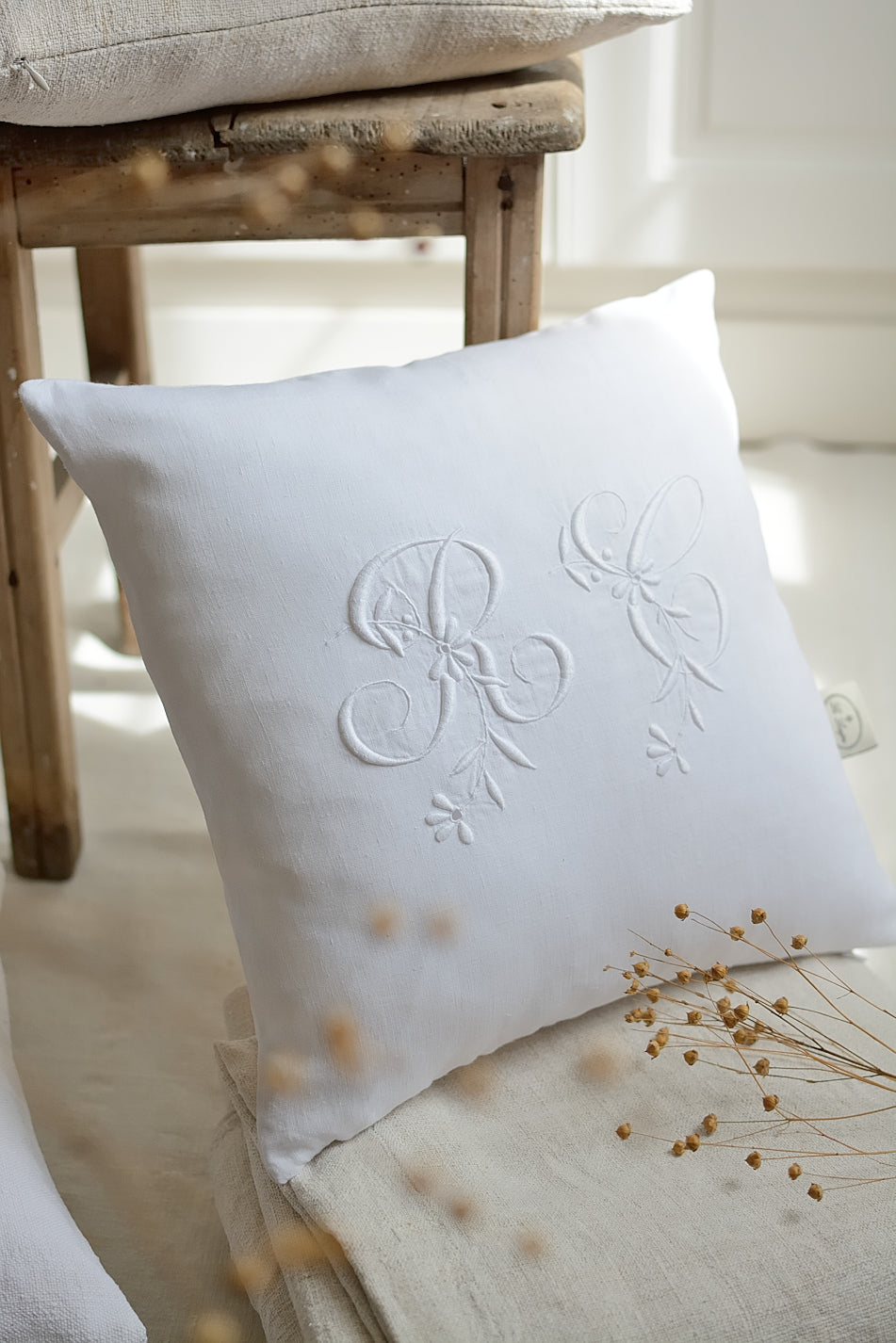 Antique linen cushion cover, RC embroidery