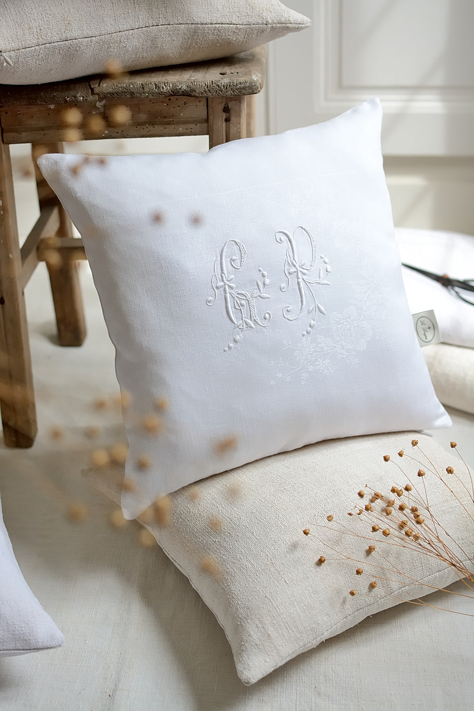 Vintage damask cotton cushion cover, GP embroidery