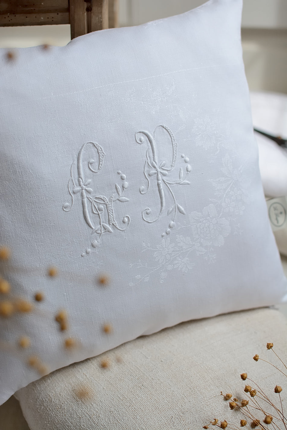 Vintage damask cotton cushion cover, GP embroidery