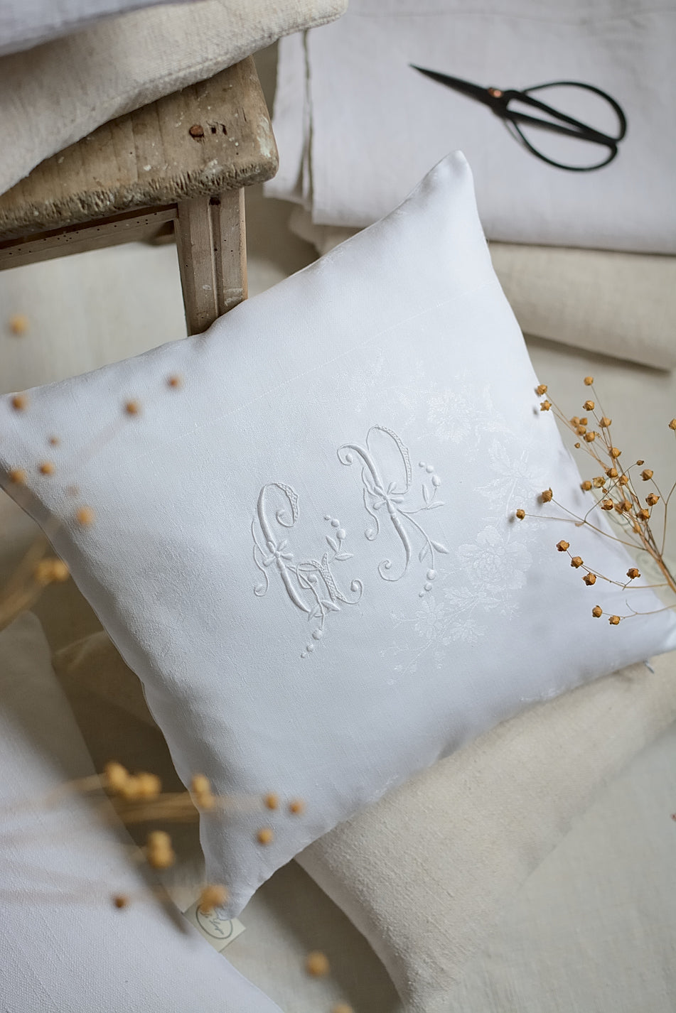 Vintage damask cotton cushion cover, GP embroidery