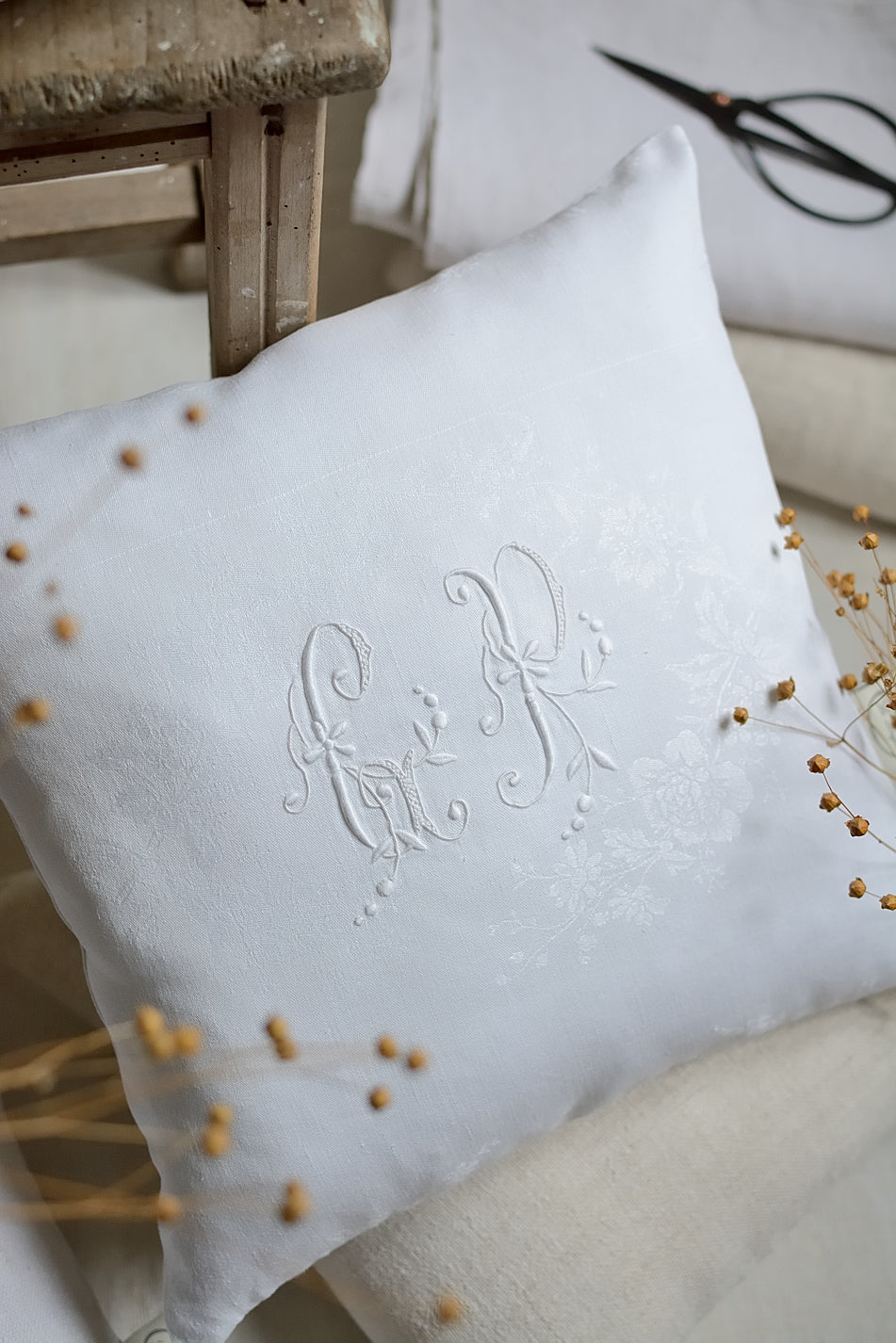 Vintage damask cotton cushion cover, GP embroidery