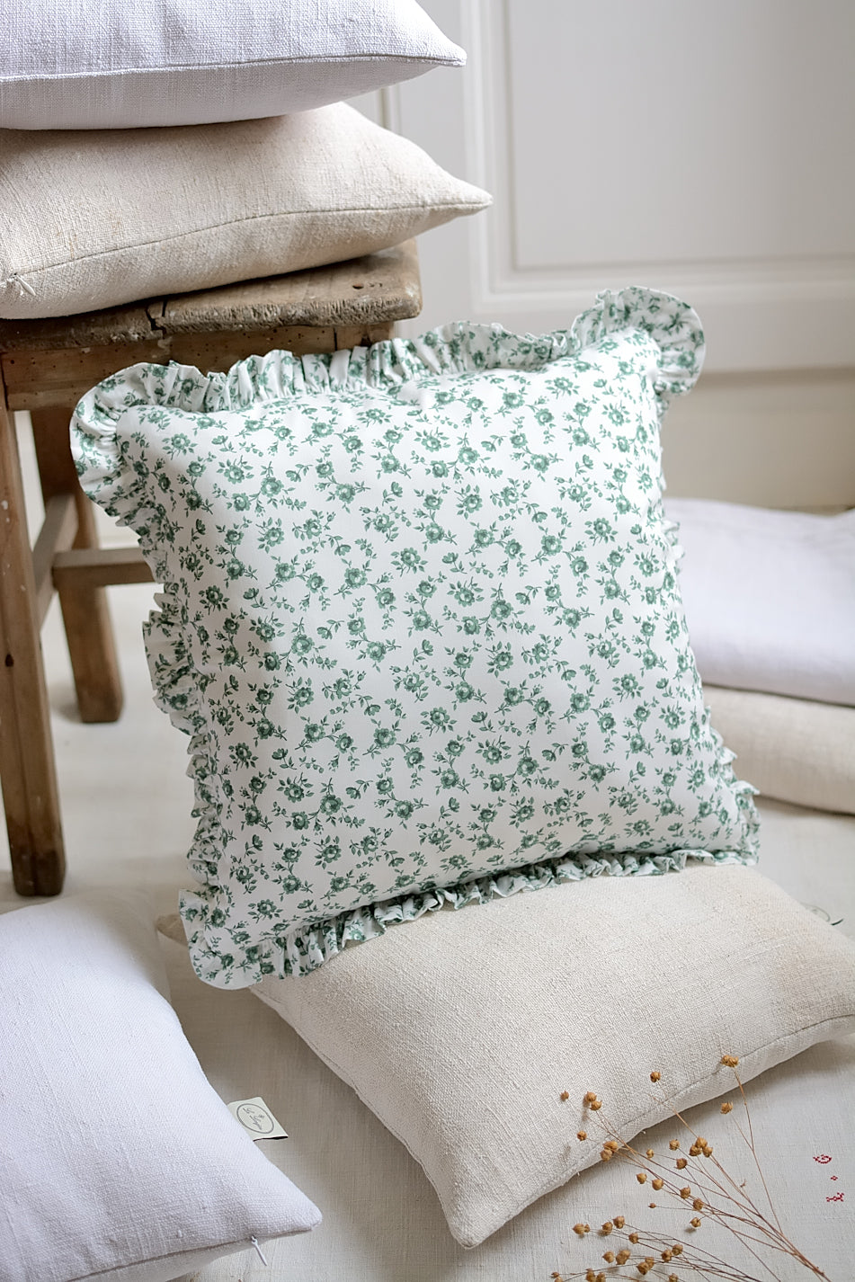 Floral silky cotton cushion cover with ruffles