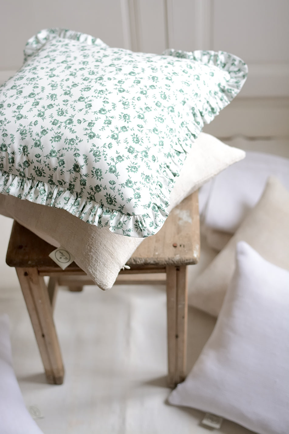 Floral silky cotton cushion cover with ruffles