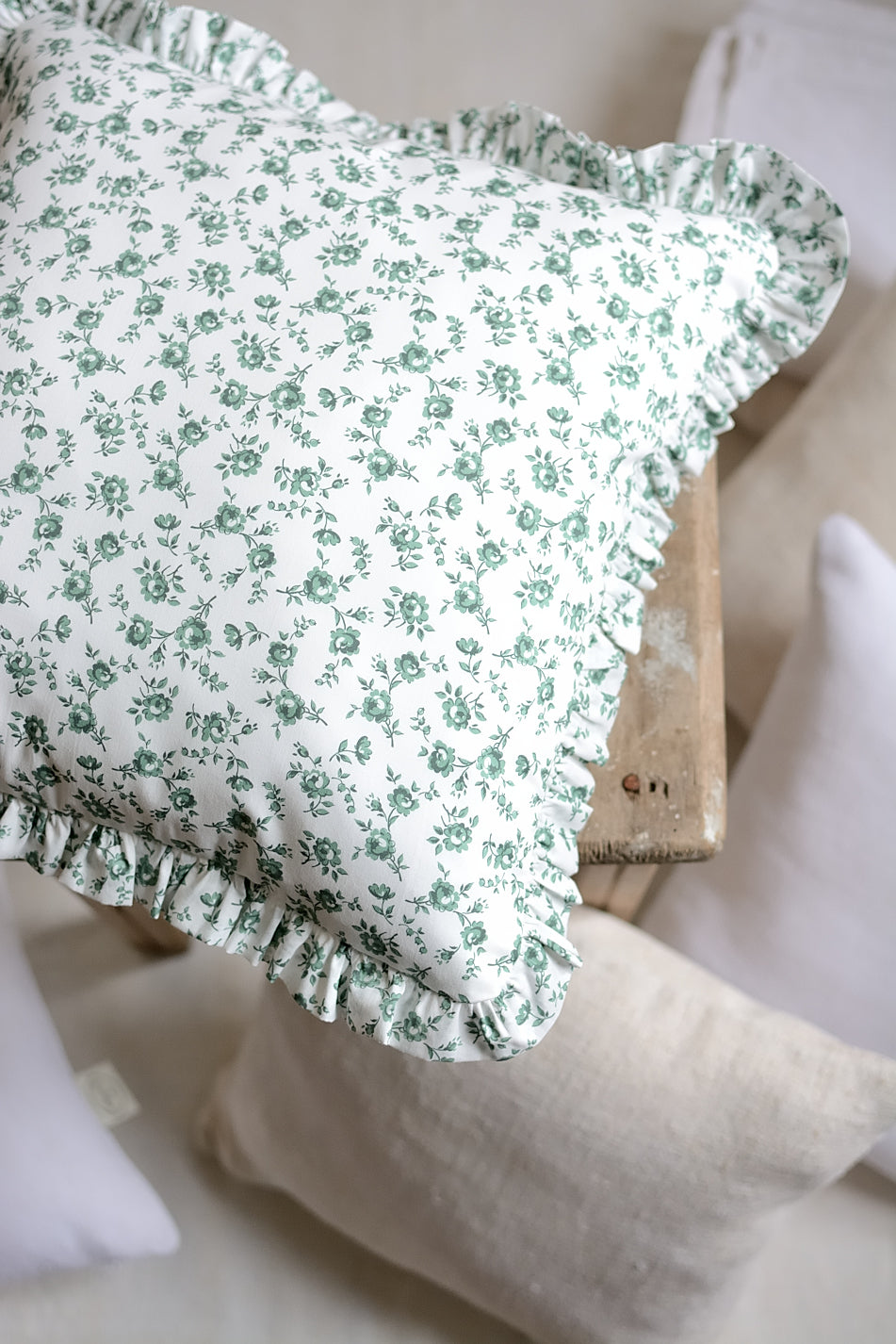 Floral silky cotton cushion cover with ruffles