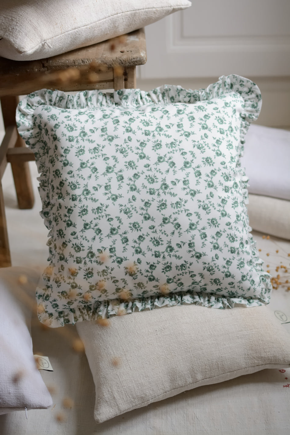 Floral silky cotton cushion cover with ruffles
