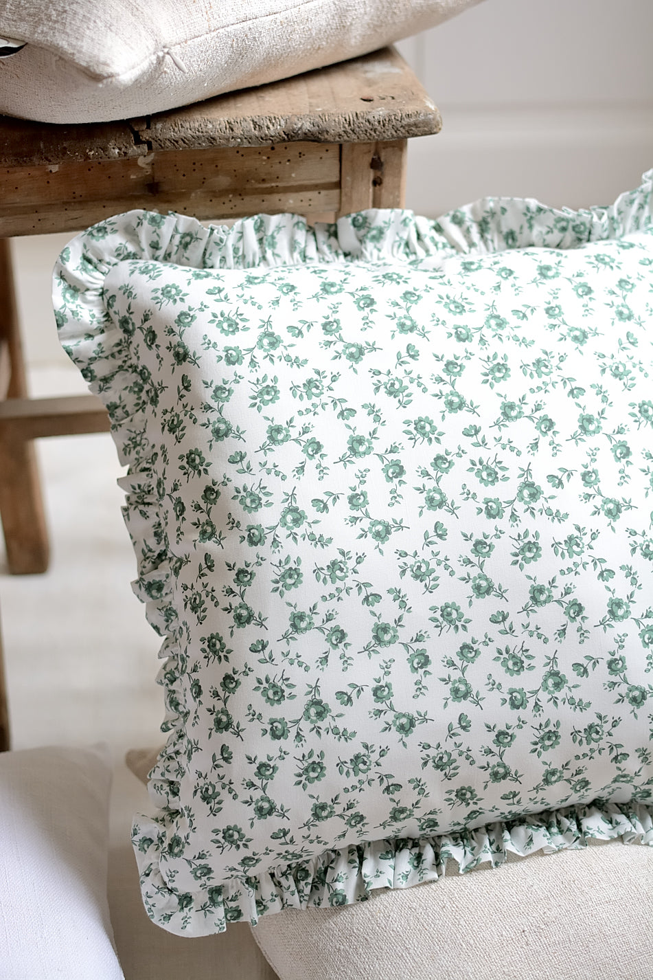 Floral silky cotton cushion cover with ruffles
