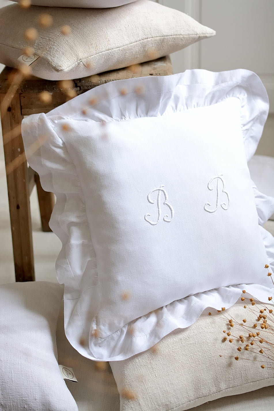 Antique linen cushion cover, BB embroidery, ruffles