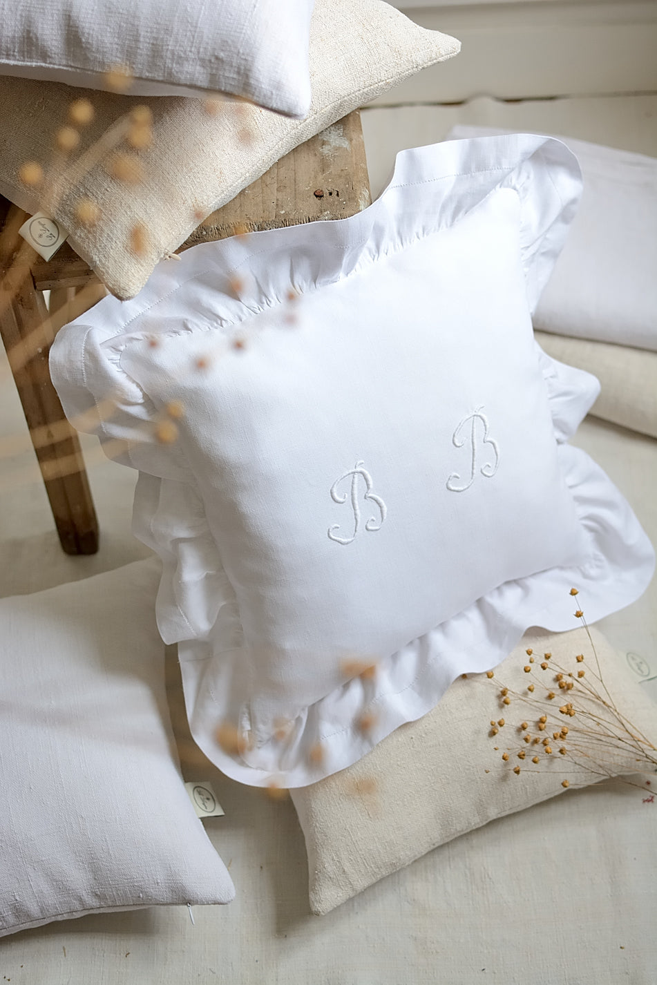 Antique linen cushion cover, BB embroidery, ruffles