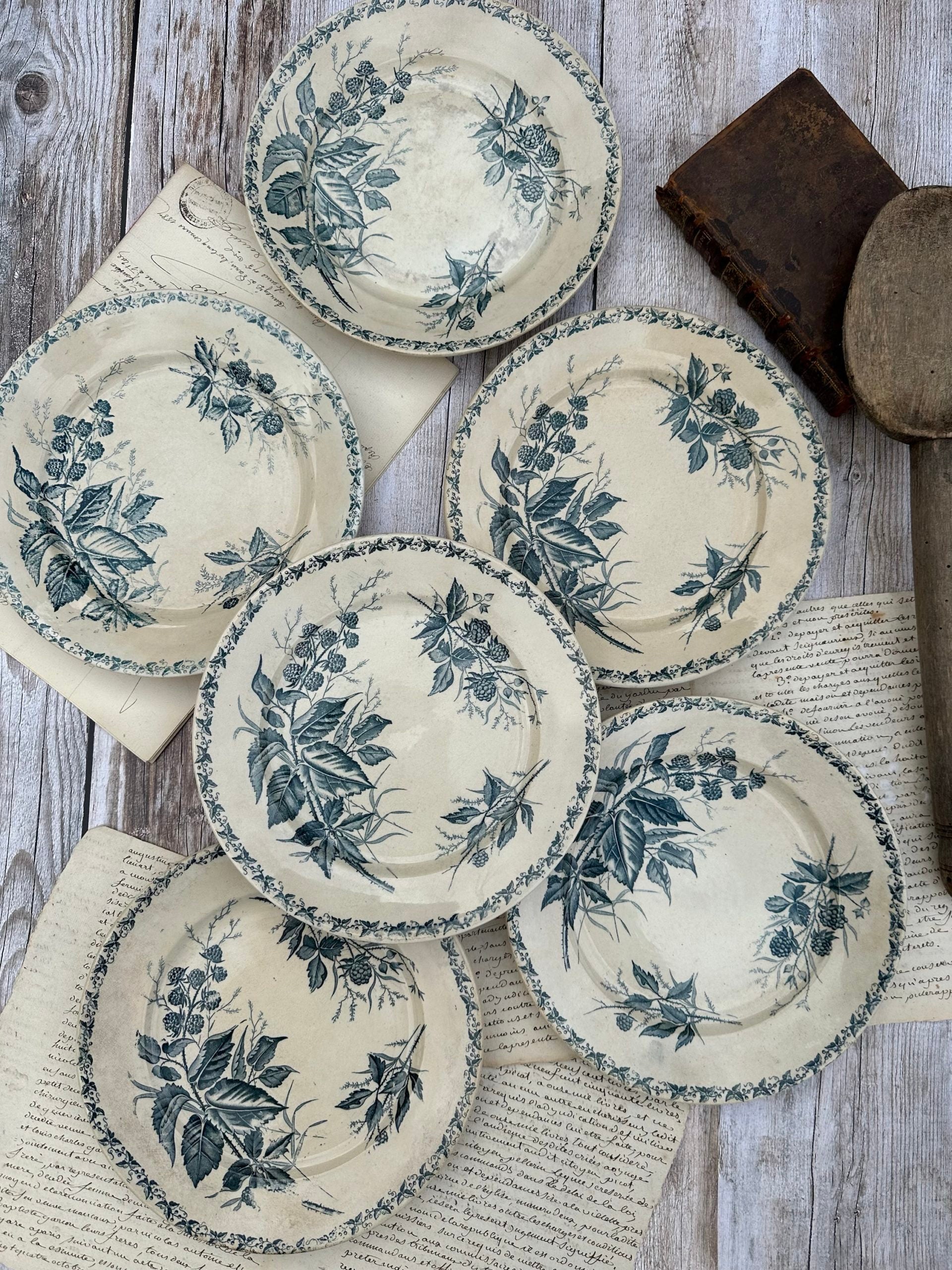 Suite de 6 assiettes plates patinées Badonviller modèle Mûre