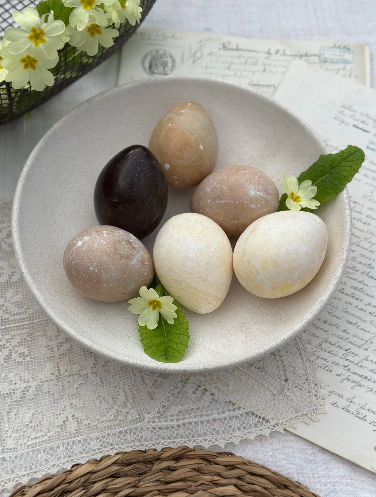 Reserved - 2 glass candy dishes, St. Amand Manon model vegetable dish, small tray and decorative stone eggs