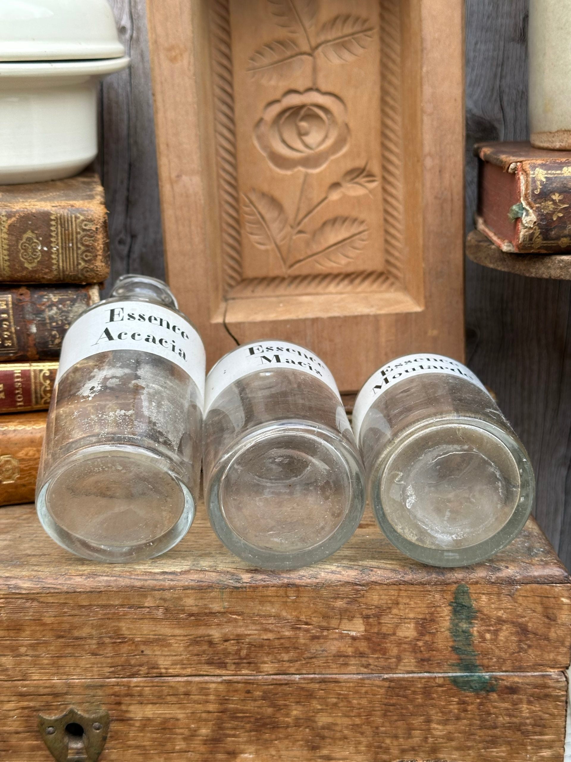 Set of 3 small apothecary bottles: Acacia Essence, Mace Essence, Mustard Essence