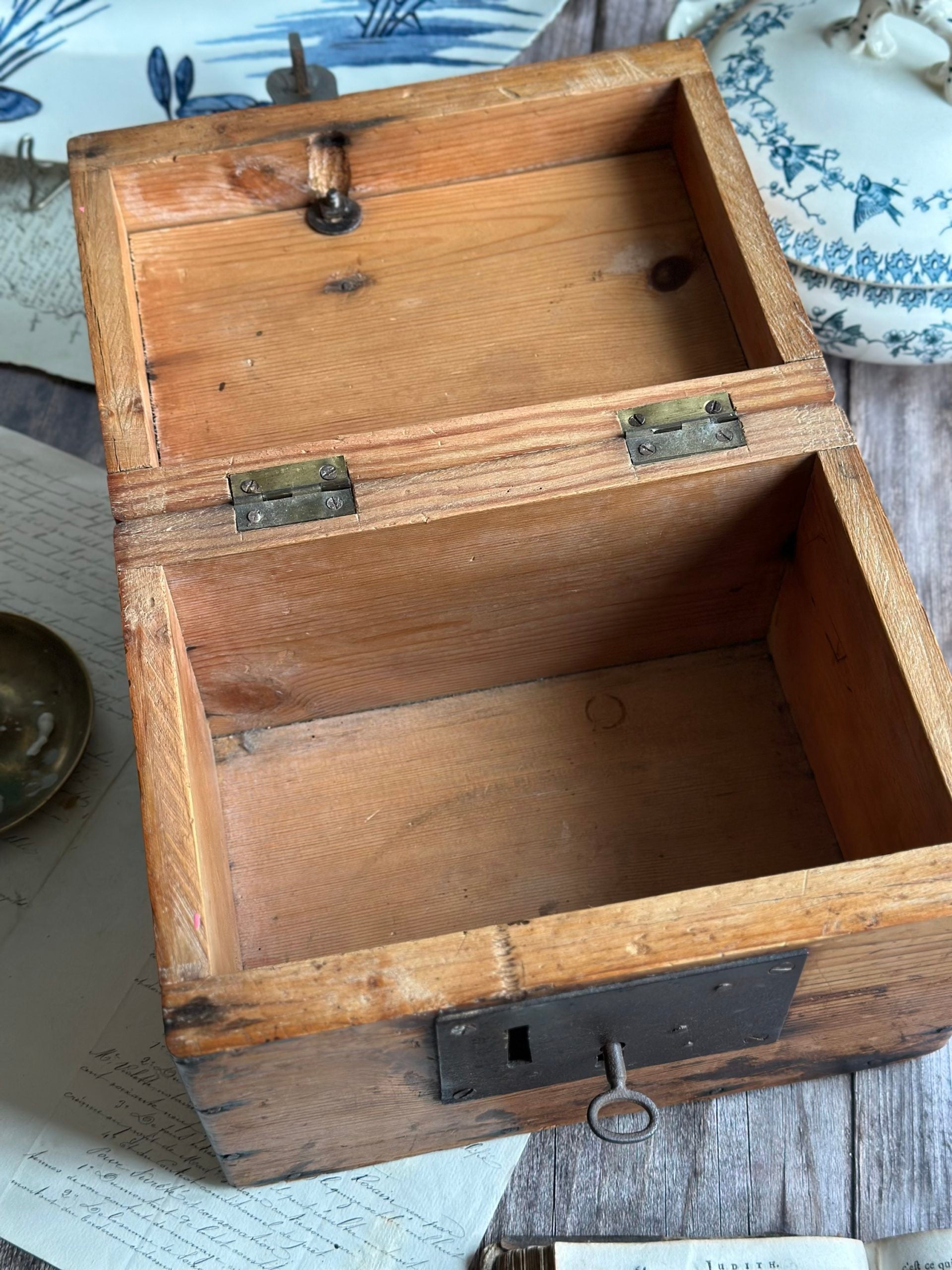 Small antique wooden chest with a beautiful steel clasp - mid-19th century