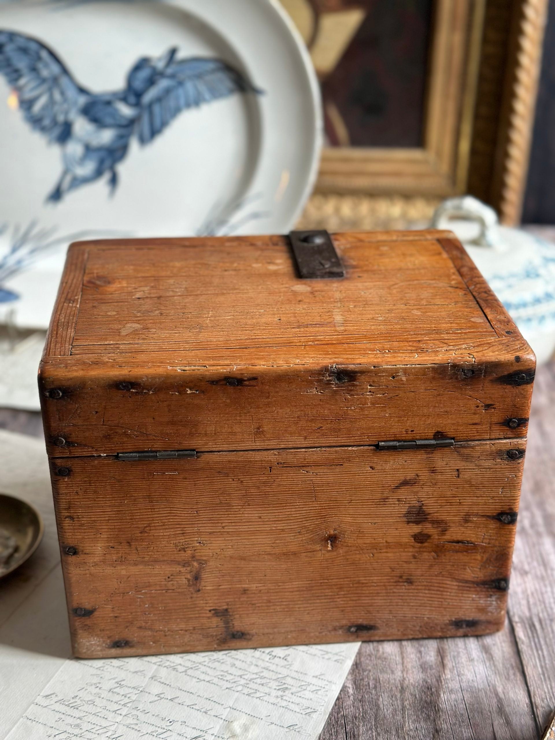 Small antique wooden chest with a beautiful steel clasp - mid-19th century
