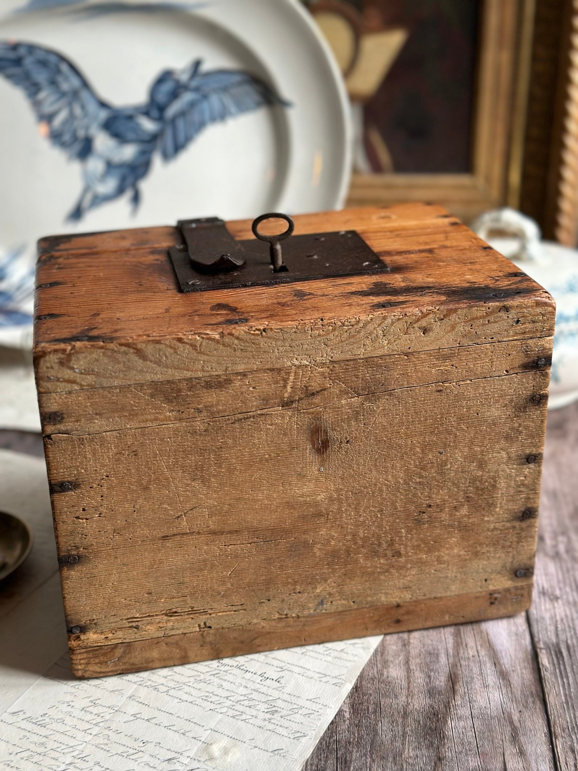 Small antique wooden chest with a beautiful steel clasp - mid-19th century