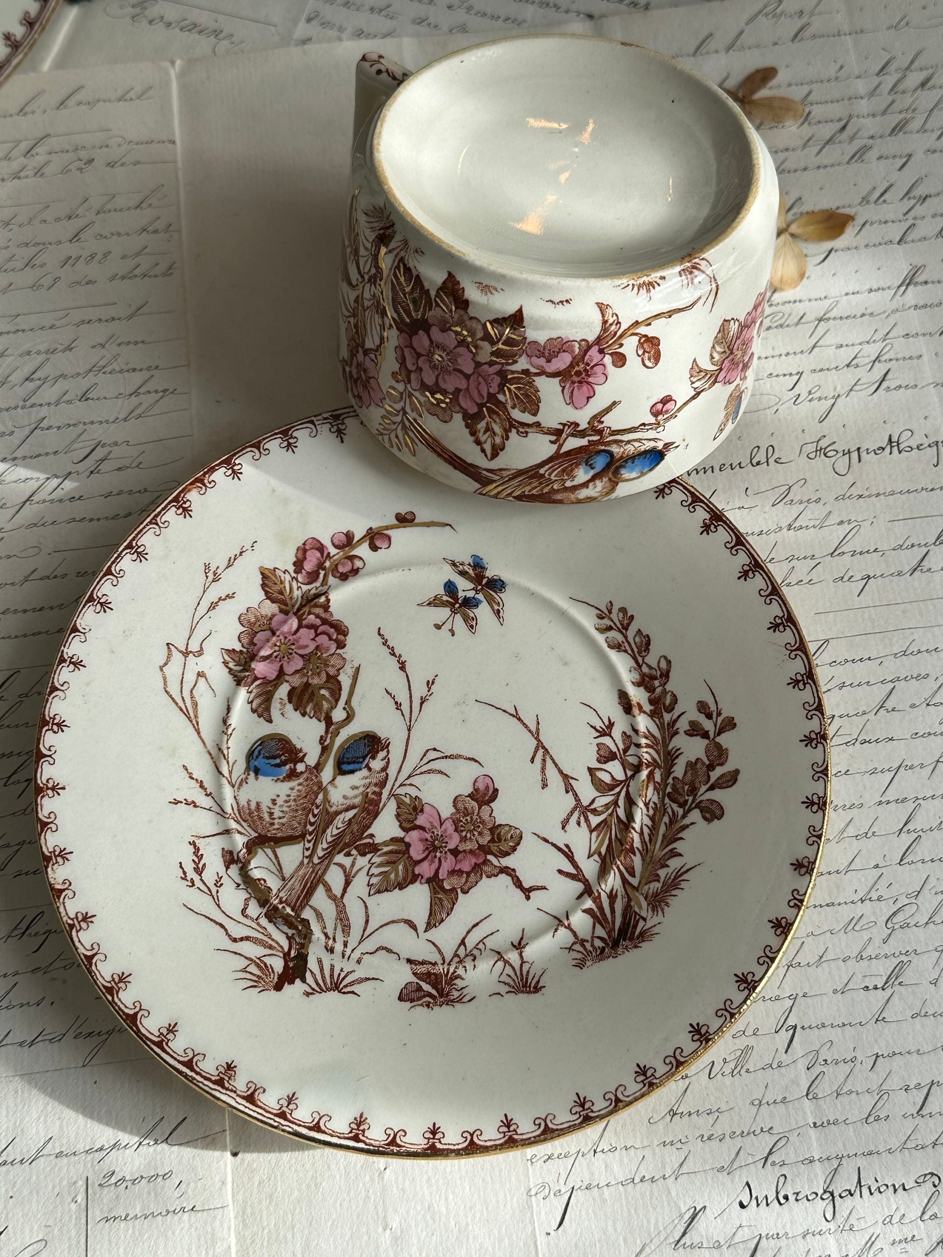 I. Lunéville ironstone teacup, Mésange design, polychrome gilt