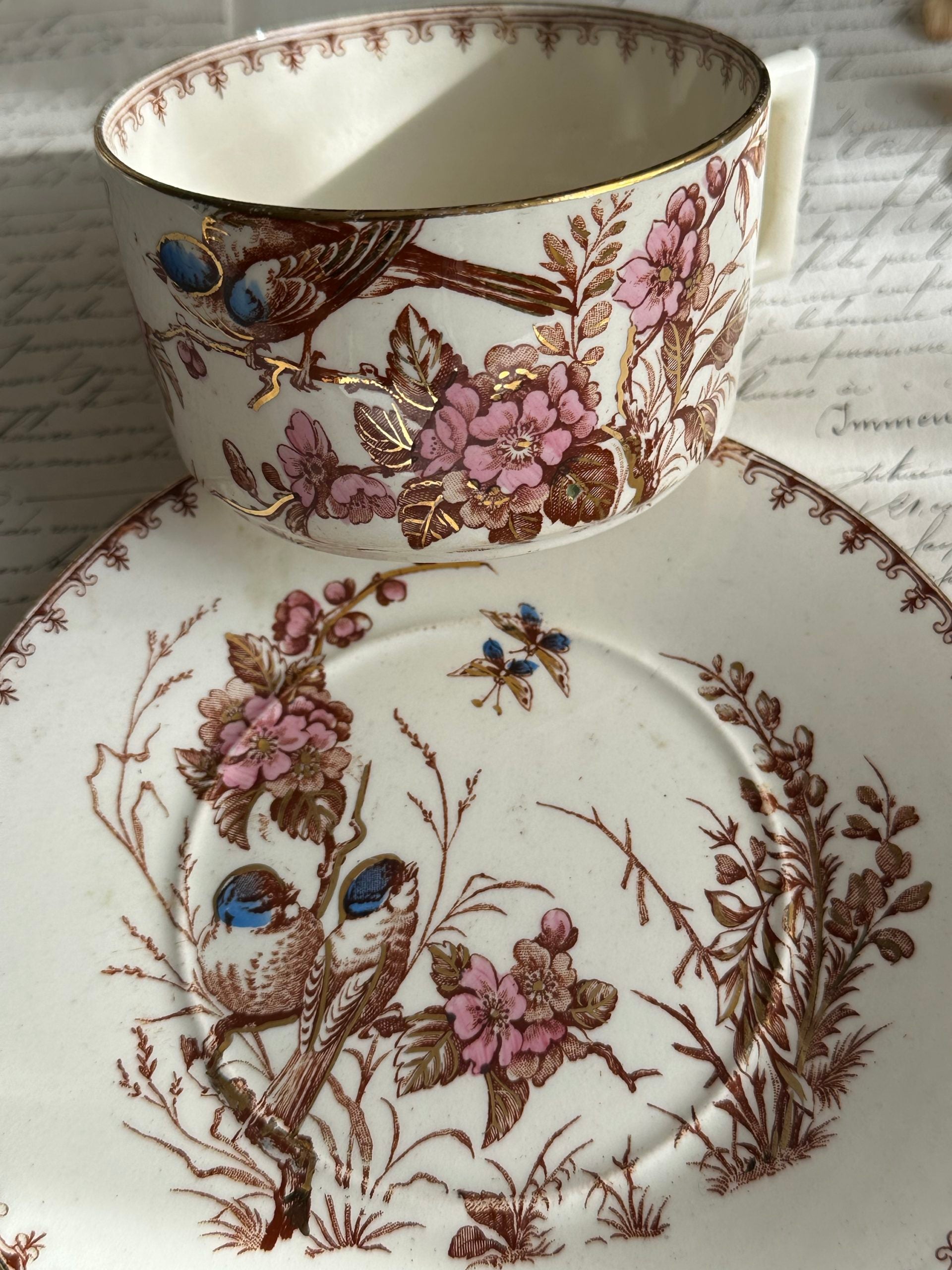 I. Lunéville ironstone teacup, Mésange design, polychrome gilt
