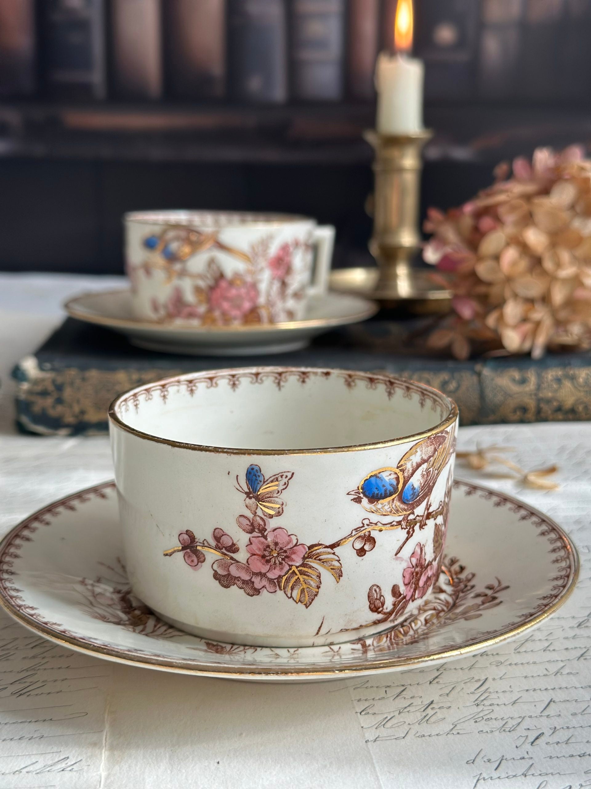 Tasse à thé terre de fer Lunéville Mésange, polychrome dorée.
