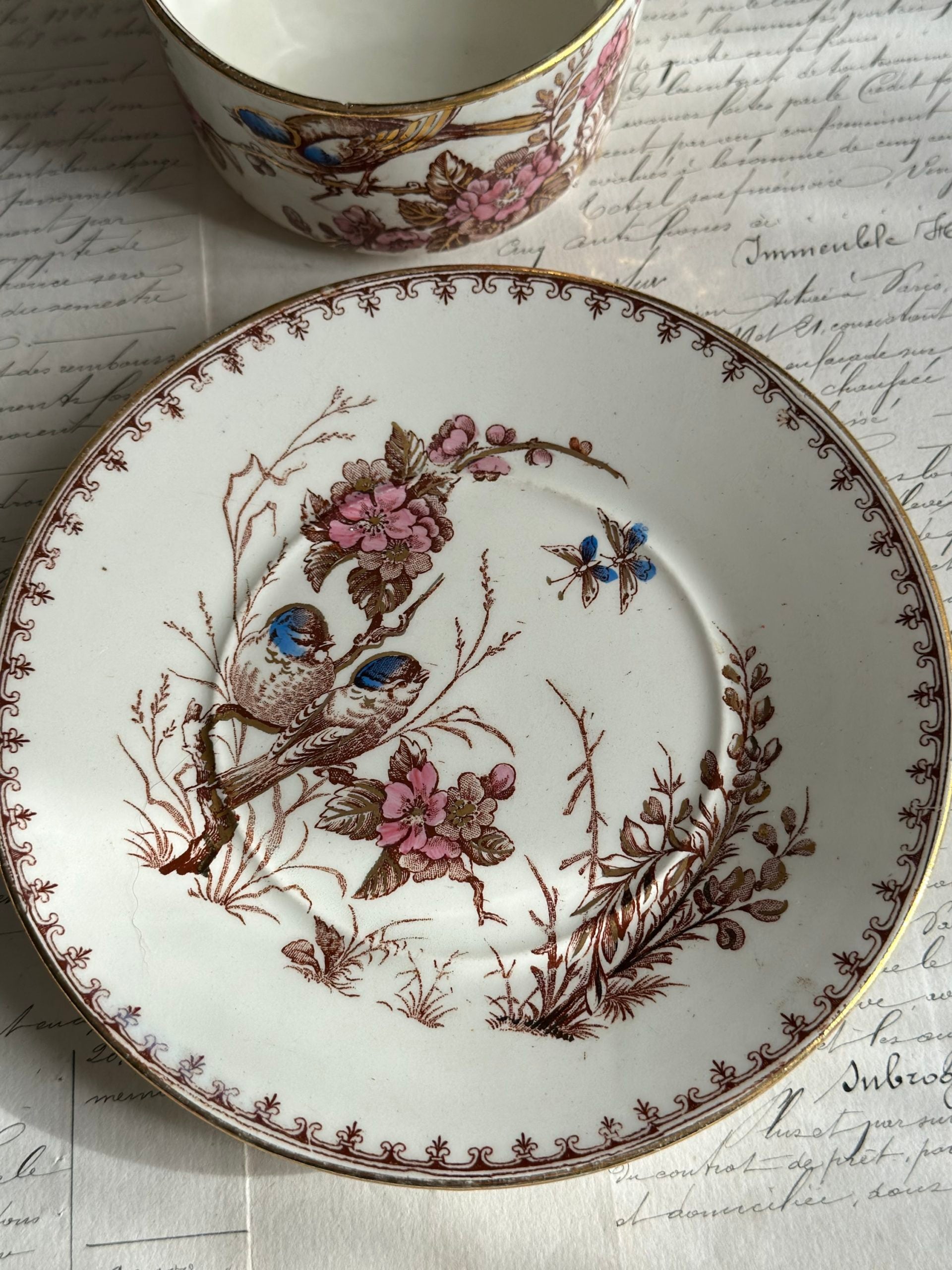 Tasse à thé terre de fer Lunéville Mésange, polychrome dorée.
