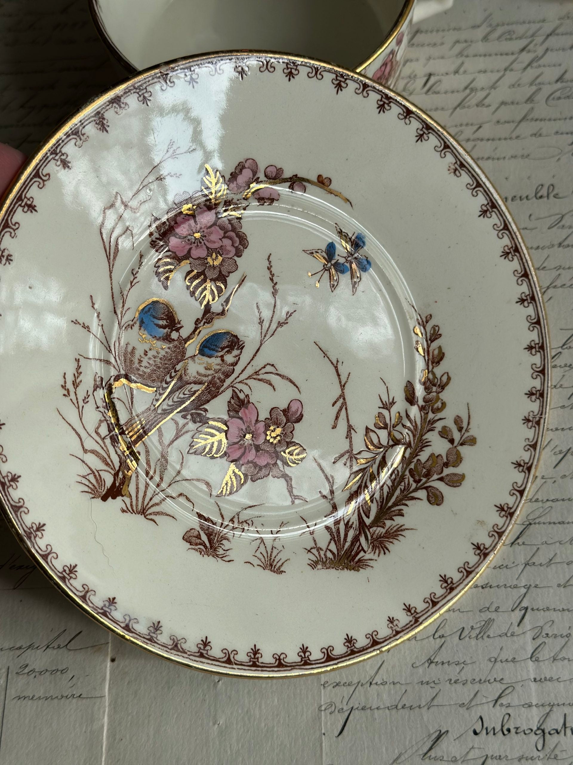 Tasse à thé terre de fer Lunéville Mésange, polychrome dorée.