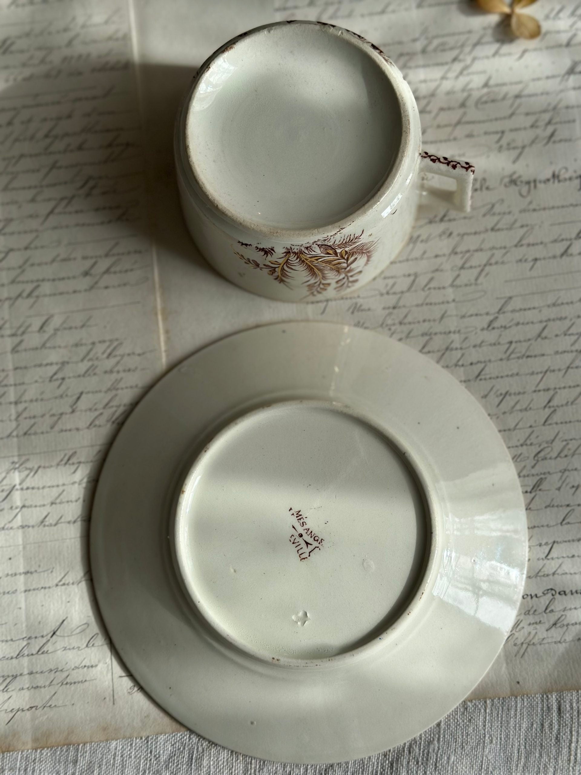 Tasse à thé terre de fer Lunéville Mésange, polychrome dorée.