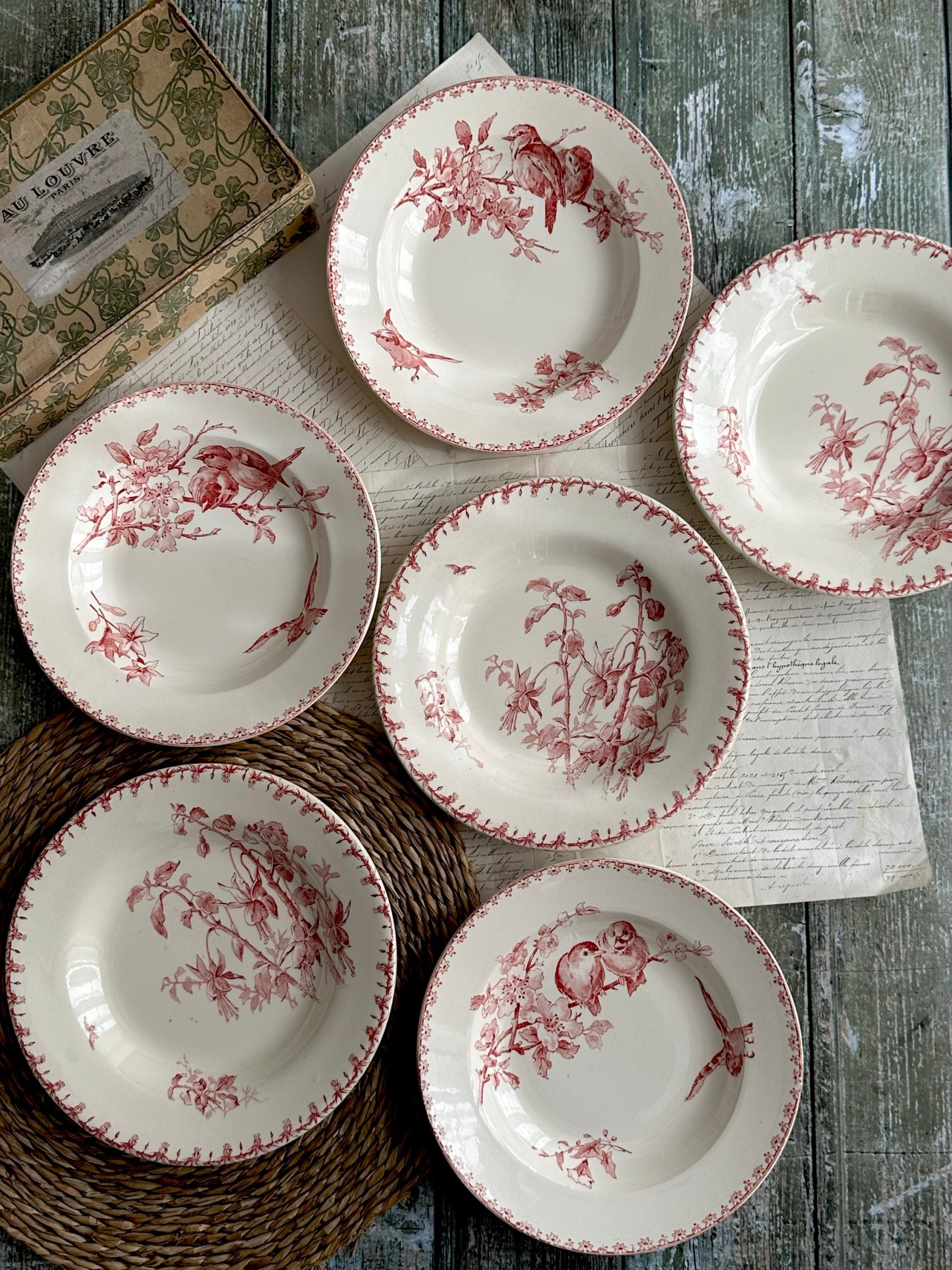 Suite de 6 assiettes creuses, Sarreguemines Favori et Gien Fushia