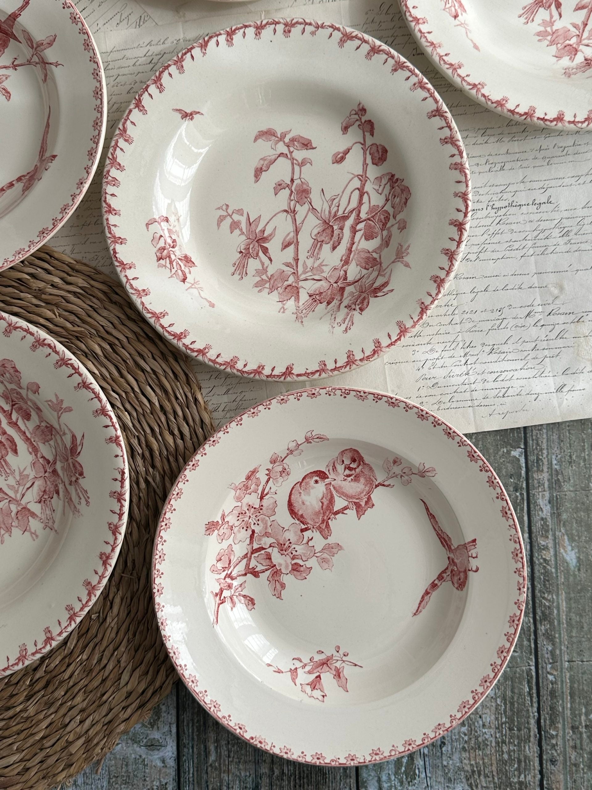 Suite de 6 assiettes creuses, Sarreguemines Favori et Gien Fushia