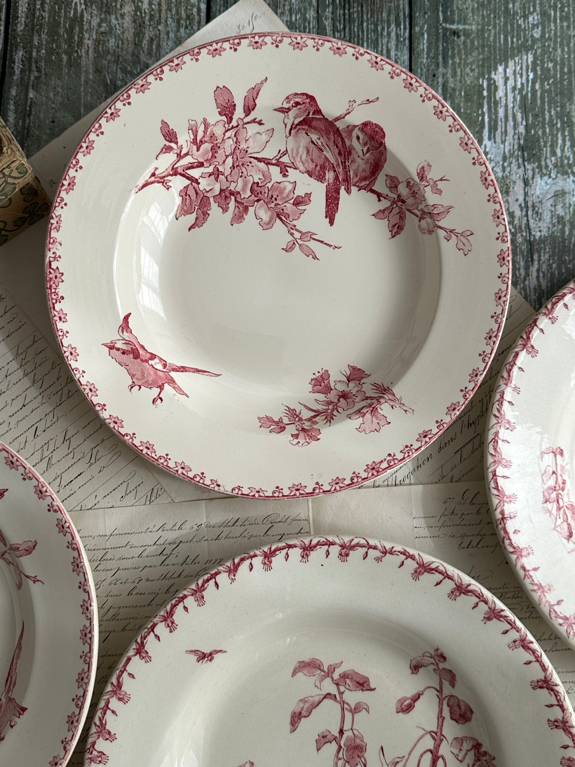 Suite de 6 assiettes creuses, Sarreguemines Favori et Gien Fushia